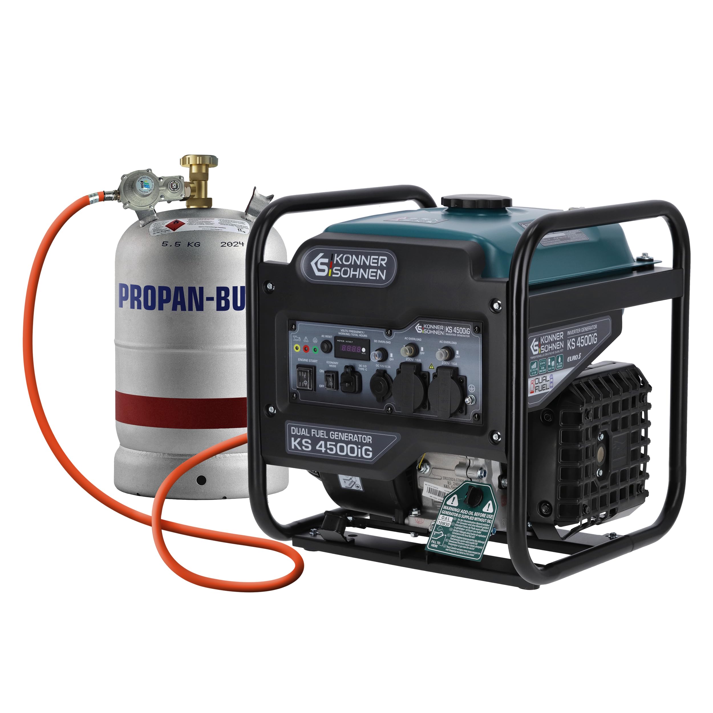 K&S Könner&Söhnen KS 4500iG Invertergenerator (Gas/Benzin) 4500 W, stromgenerator mit USB, Eco-Modus | notstromaggregat für Camping, Zuhause und Werkstatt, generator inverter, stromerzeuger Benzin LPG
