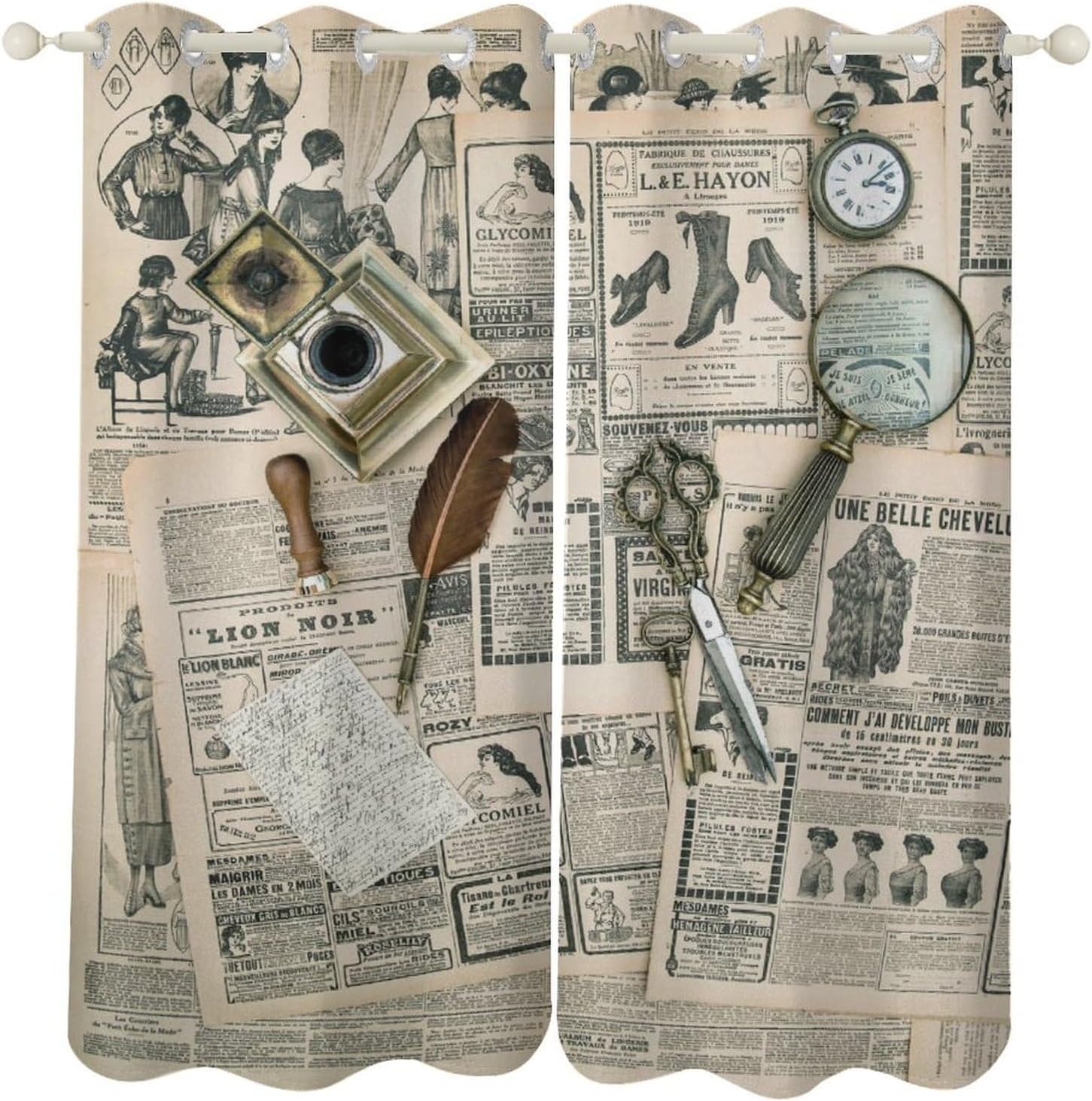 Vintage Newspaper Blackout Curtain, Retro Mid Century Old Camera Magnifier Pocket Watch Scissors Pattern Decor Window Treatments, Grommet Drapes for Bedroom Living Room Kitchen, 52x96inch (2 Panels)