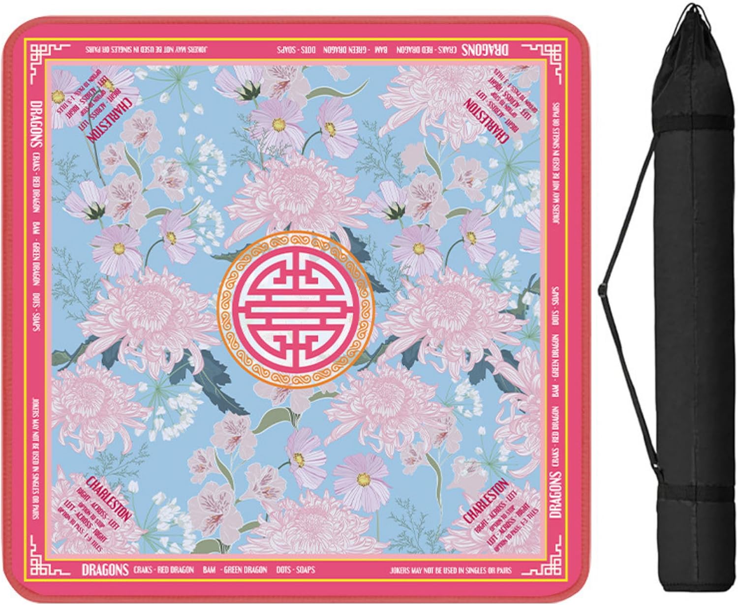 Blue Mahjong Mat with Rules No Crease No Slip - 3mm, 31.5" x 31.5" | Shipped Rolled, Noise-Reduce, Travel-ready with Carry Bag, Soft & Water-Repellent Surface, for Poker & Card game