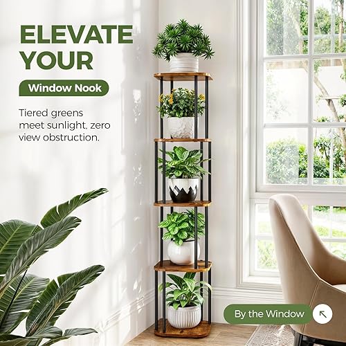 Miniatura 2 de Bamworld Soporte alto para plantas de interior, estante de esquina para múltiples plantas, soportes de metal de 5 niveles para macetas para patio,