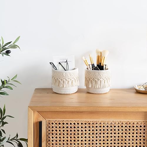 Miniatura 3 de Mkono Organizador de brochas de maquillaje de macramé, mini cesta de almacenamiento, juego de 2 cestas de decoración bohemia para lápices y