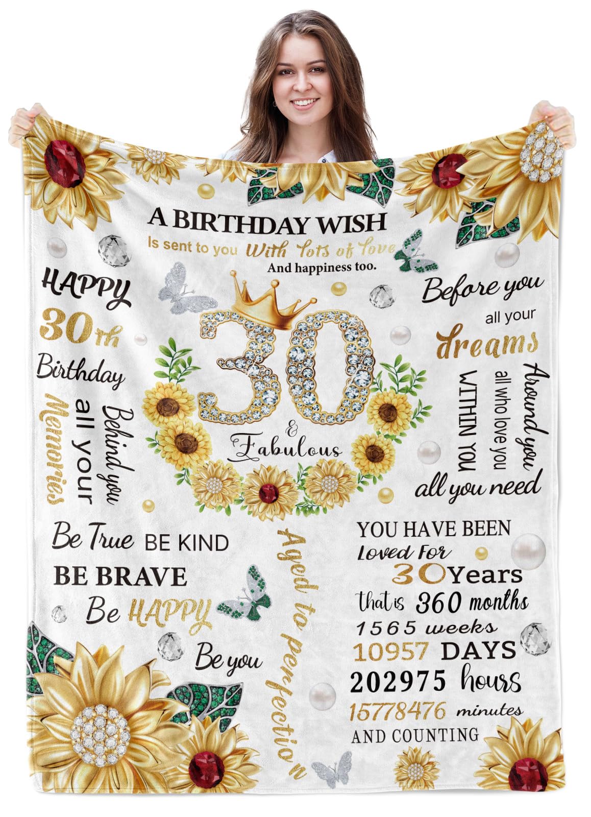 Atourdealss Women's 30Th Birthday - Whit 30Th Birthday Gifts For Gift For Her 30Th Birthday Blanket, 30Th Birthday Gift Ideas 30 Year Old Birthday Decoration Sunflower Throw Blankets, Birthday Gift For Mum Friend Present, 50 X 60 Inc
