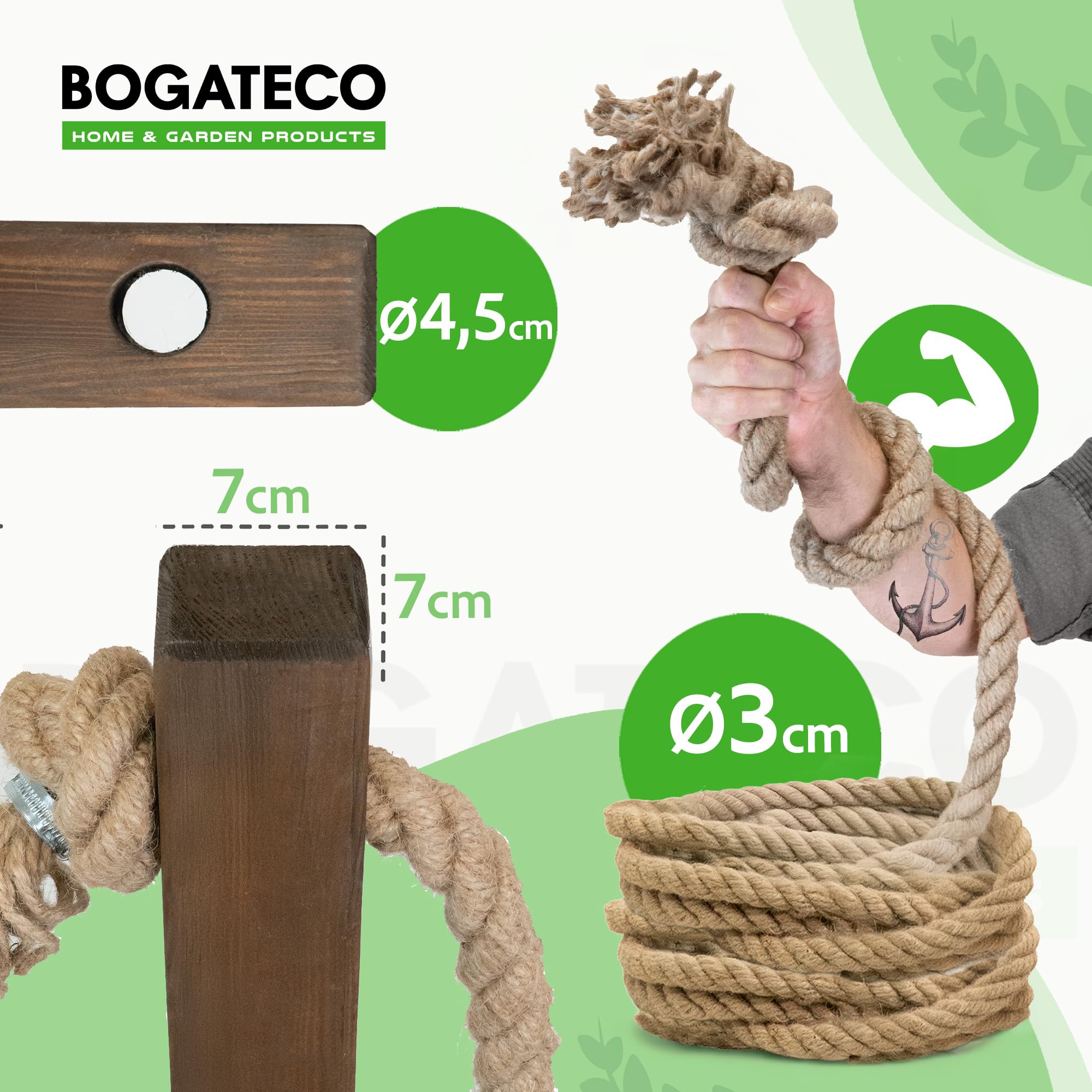 Bogateco Ogrodzenie drewniane, podwójne ogrodzenie linowe 28 m | kompletny zestaw odgradzający z liny jutowej 30 mm i drewnianymi słupkami | impregnowane drewno wraz z tulejami osadczymi do ziemi |