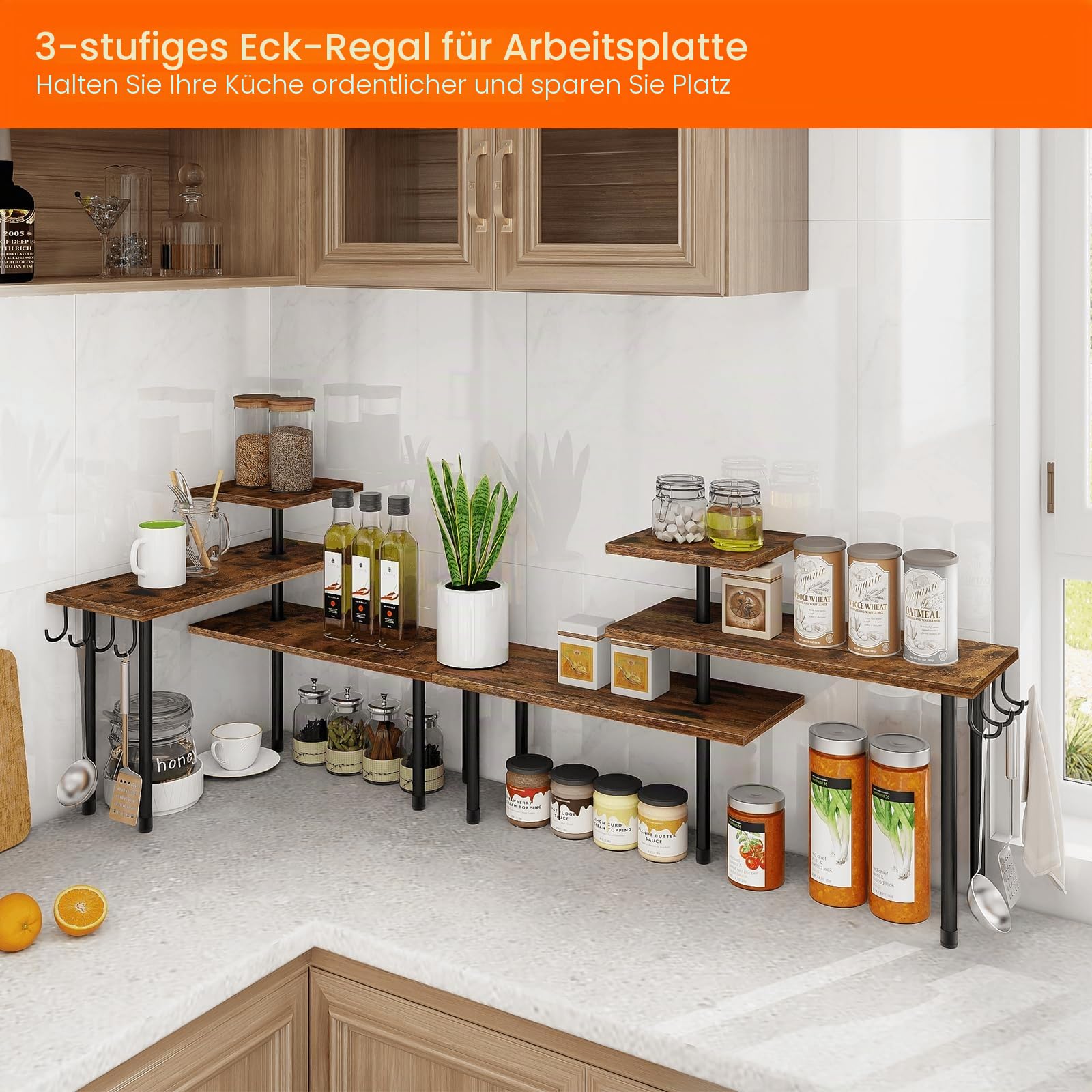 Homode Eckregal für die Küche, Badezimmer-Organizer, 3 Etagen, platzsparende Organisation für Küchentheke, Gewürzregal, Kaffeebar, über Spüle, rustikales Braun