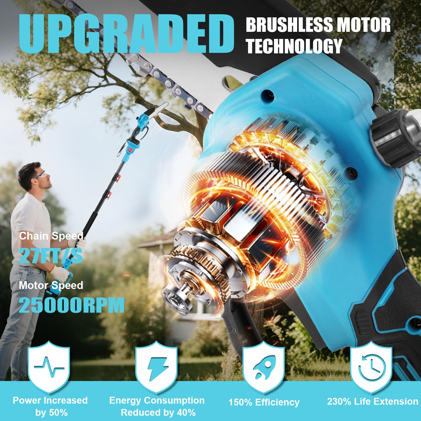 Élagueuse sans fil 21 V - 2 en 1 - Mini tronçonneuse et télescope avec panthème, batterie de 1500 mAh - Hauteur de travail jusqu'à 6,7 m - Tronçonneuse manuelle sans fil - Pour couper les arbres