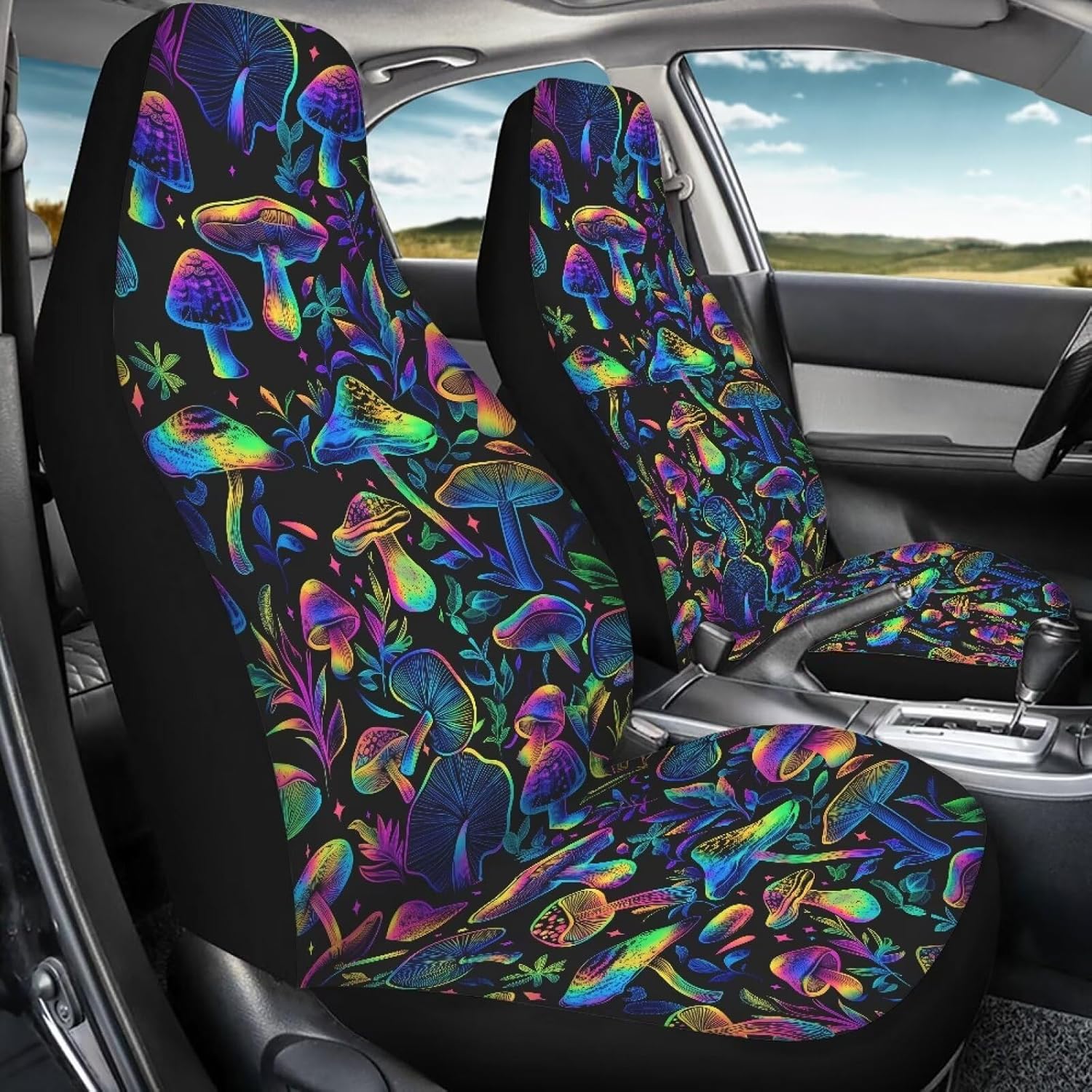 Mushroom Car Seat Covers Full Set,Black Seat Cover Protector for Car Compatible with Airbag,Universal Automotive Accessories Fit for SUV Truck Pick-Up