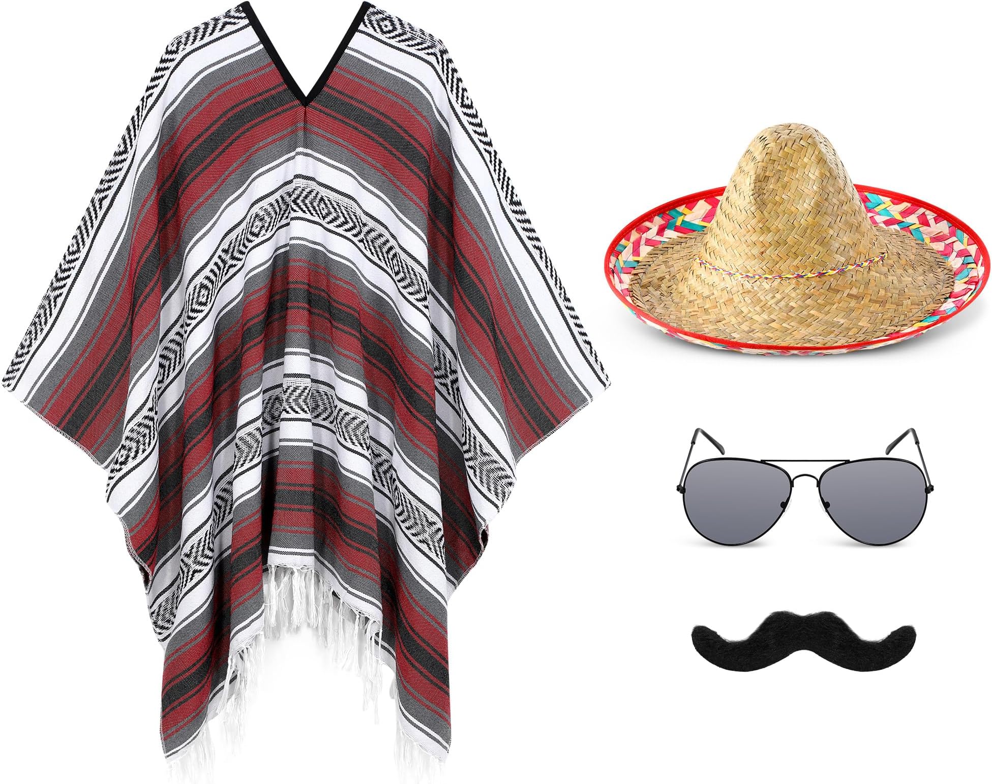 Yahenda 4 Pcs Mexican Fiesta Costume Set for Boys: Mexican Serape Poncho, Sombrero Hat, Sunglasses, Mustache - Navy