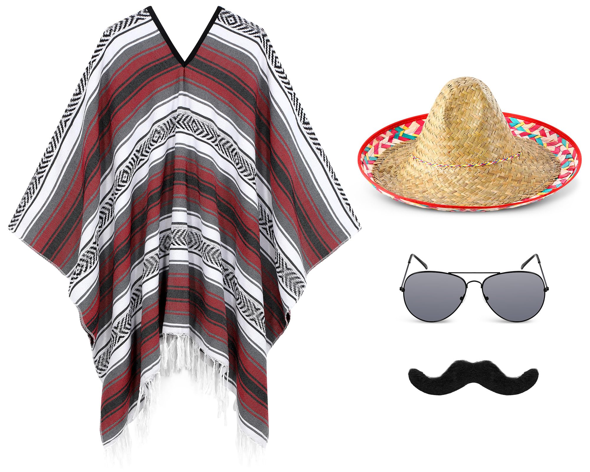 Yahenda4 Pcs Mexican Fiesta Costume Set for Boys: Mexican Serape Poncho, Sombrero Hat, Sunglasses, Mustache - Navy