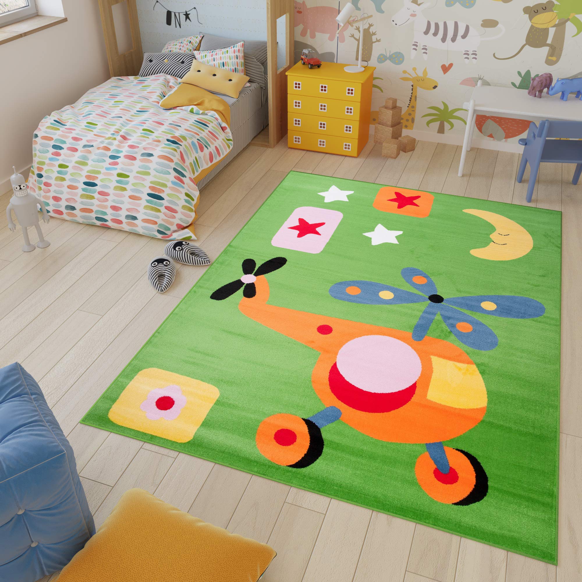 TAPISO Kinder New Alfombra Infantil de Salón Habitación para Niño Niña Bebé Diseño Moderno Helicóptero Verde Naranja Amarillo Rojo Alfombra de Juegos Pelo Corto Suave 140 x 190 cm