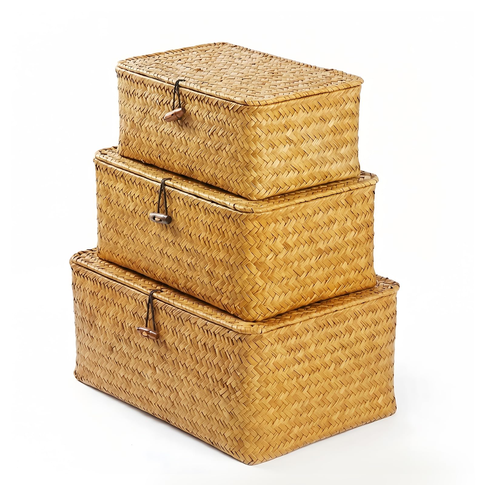 Set di 3 cesti di conservazione Lid, in erba marina naturale, con coperchio, in tessuto a mano, decorazione boho, soluzione regalo pronta per camera da letto, soggiorno e ufficio (A)
