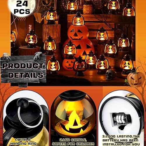 Miniatura 2 de ROCEEI 24 mini faroles de calabaza de Halloween de 3.54 pulgadas, centro de mesa Jack O Lantern, decoración colgante de Halloween, lámpara de luz a