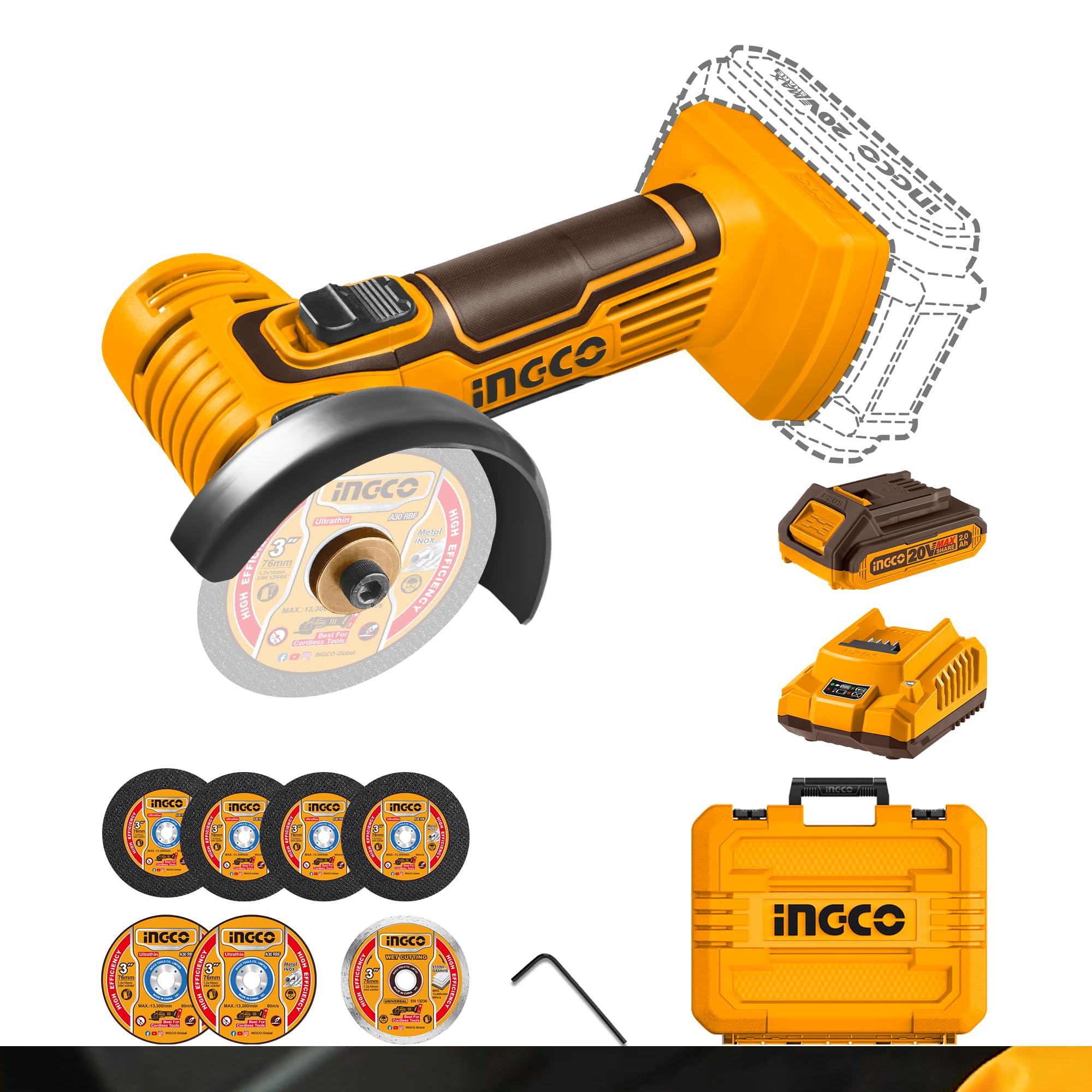 INGCO Cordless Mini Angle Grinder, 19500 RPM, 3 Inch Disc Diameter, M6, With Battery & Charger, With 6 pcs Discs (B0DCZ41NRL) Amazon Price History, Amazon Price Tracker