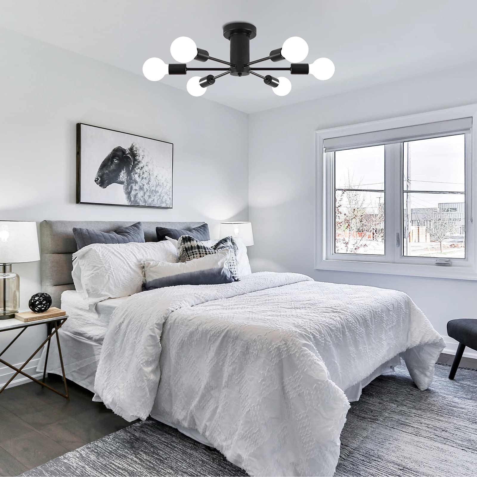 LJHhowe Semi Flush Mount Ceiling Lamp Black 6 Lights Sputnik Chandeliers E26 Base Mid Century Ceiling Light Fixture Modern Chandelier for Dining Room, Foyer, Kitchen, Bedroom, Living Room