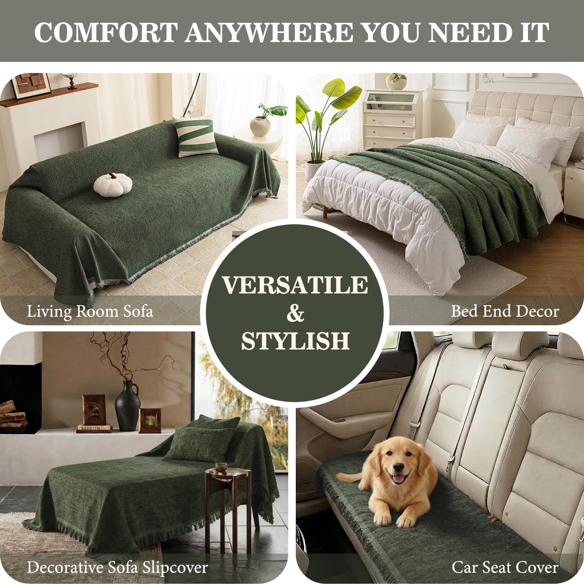 Olivgrün Sofa Protector Cover Überzug Sofaüberwurf in Unifarbe Sofabezug Couch Cord Chenille 230x340cm für 2/3/4 Sitzer U/L Form Bett Schonbezug Sofaschutz Hund Katze Kratzschutz Zum Schutz