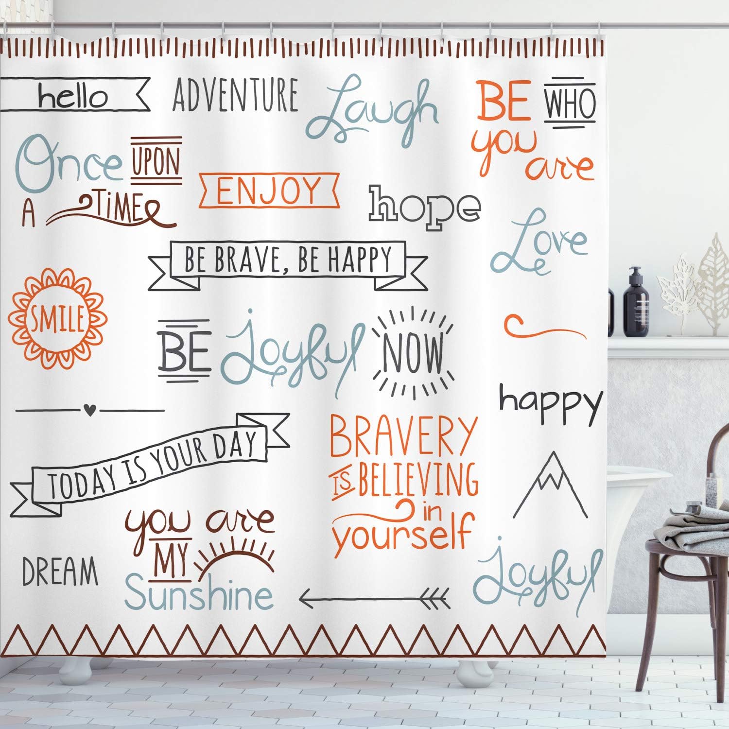 Ambesonne Adventure Shower Curtain, Various Words on Happiness and Self Value Uplifting Phrases Being Who You are, Cloth Fabric Bathroom Decor Set with Hooks, 69" W x 75" L, Orange