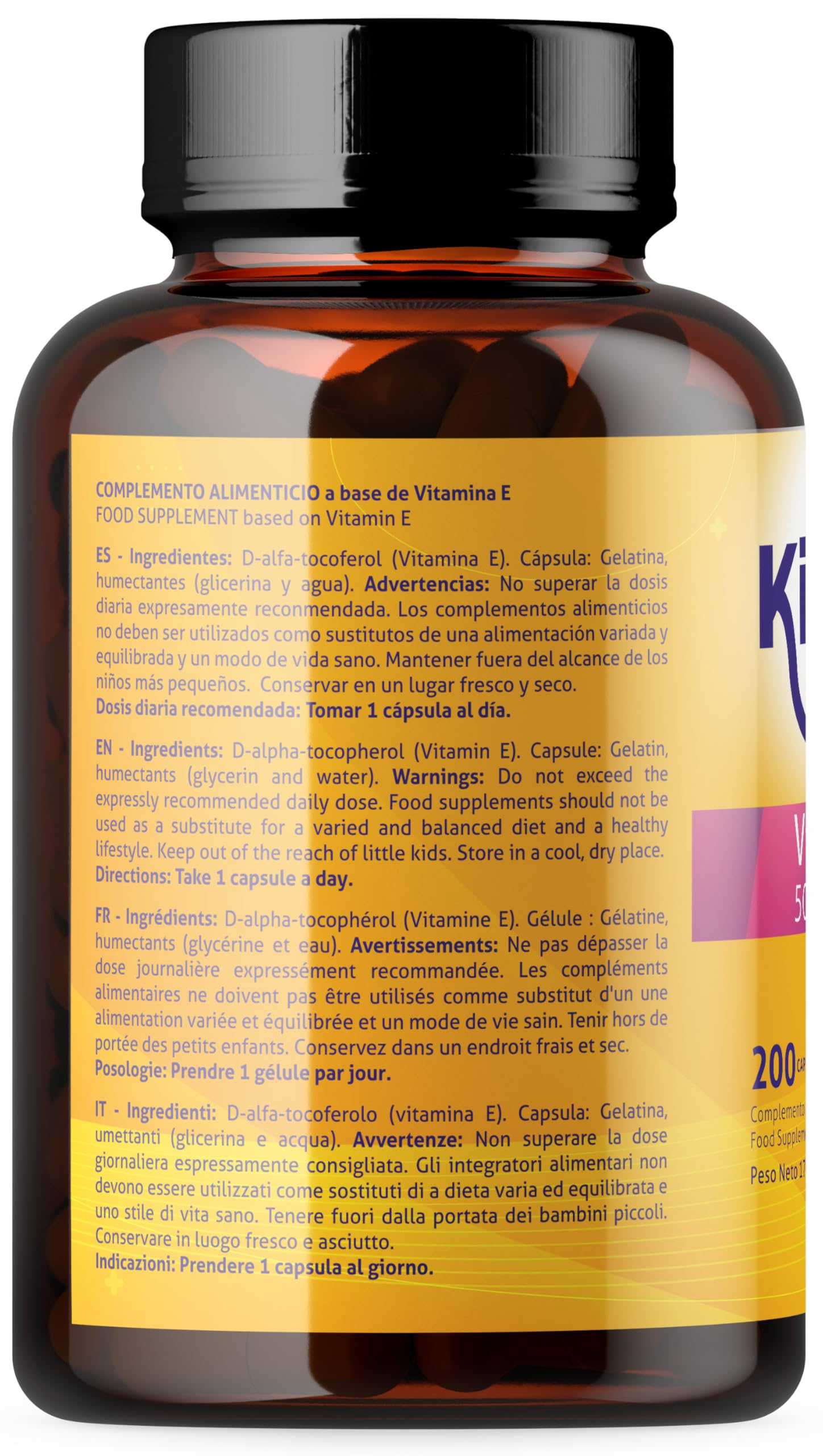 VITAMIN E 500 IE | 200 Kapseln | 100% Fettlöslich und Rein | Schwermetallfrei | Enthält kein Soja | Immunsystem, schützt unsere Haut und unser Herz | Glutenfrei | Ohne Magnesiumstearat