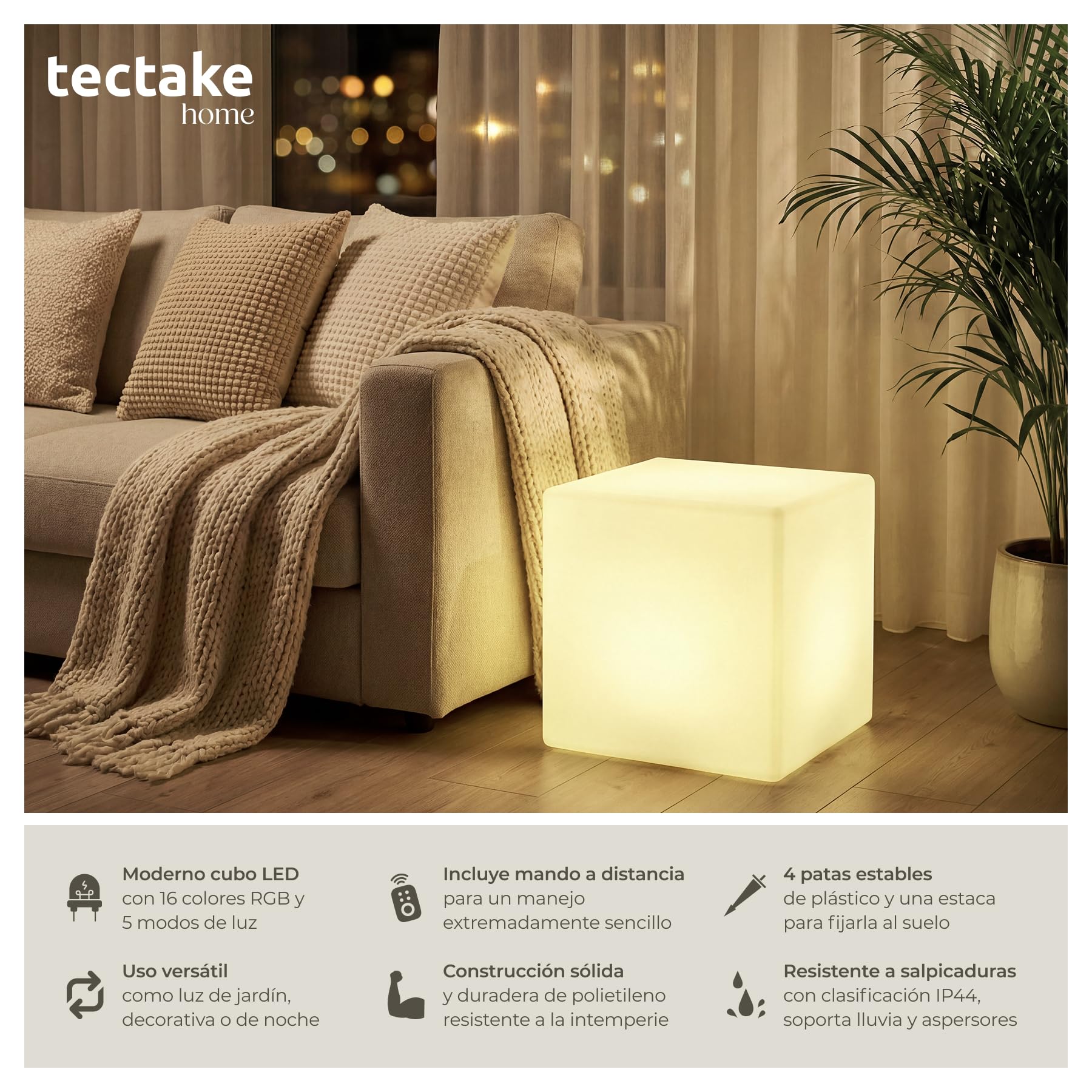 tectake® Cubo Led con Mando y Luz Nocturna 43 x 43 x 43 cm, Luces Led Habitacion para Decoracion Hogar y Jardin, Luces Terraza, Iluminación Jardin, Lampara Exterior, Decoración Habitación