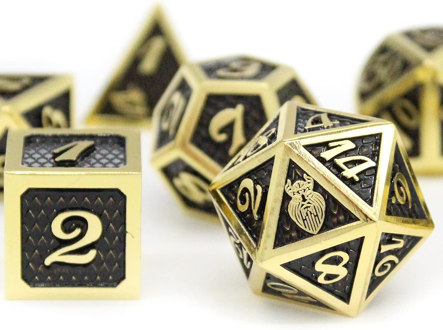 HEIMDALLR Metal DND Dice Set 7 pcs - Dragonhide Design, 16mm Size, Logo on D20; Metal Dice Set & Dice Box; D&D Dice Set D&D (Dungeons and Dragons Dice Set) - Jormungandr Series (Stormmaker)
