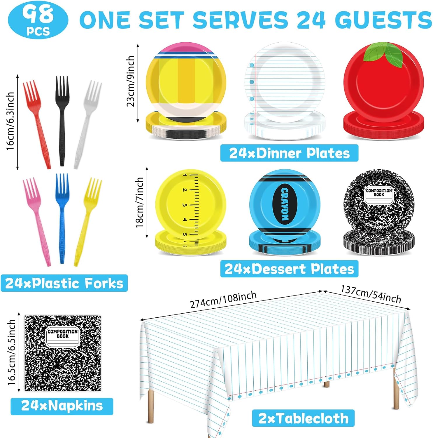 98PCS Welcome Back to School Decoration First Day to School Paper Plates Napkin Tablecloth Set for Ruler Apple Alphabet Theme Decor Tablecloths Tableware Set for Kids Birthday Classroom Season Party