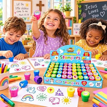 TINYMILLS 50 PCS Religious Stampers for Kids, Christian Self-Inking Stamps, Sunday School & VBS Prizes, Church Classroom Rewards, Bible Party Favors & Goodie Bag Stuffers