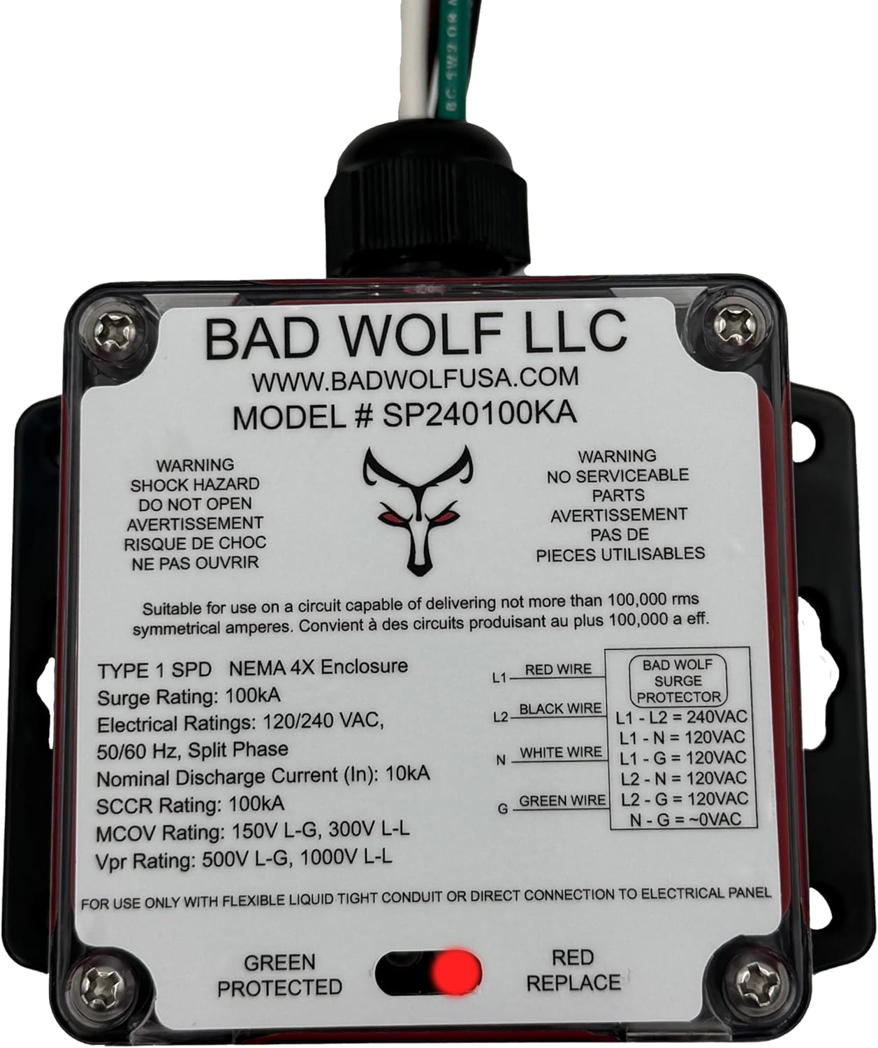 Bad Wolf SP240V100KA-A Whole House Surge Protector, ETL Listed to UL 1449 5th Edition & CSA C22.2 No. 269.1/269.2, Type 1 SPD, 120/240V Split-Phase, 100kA, NEMA 4X IP67