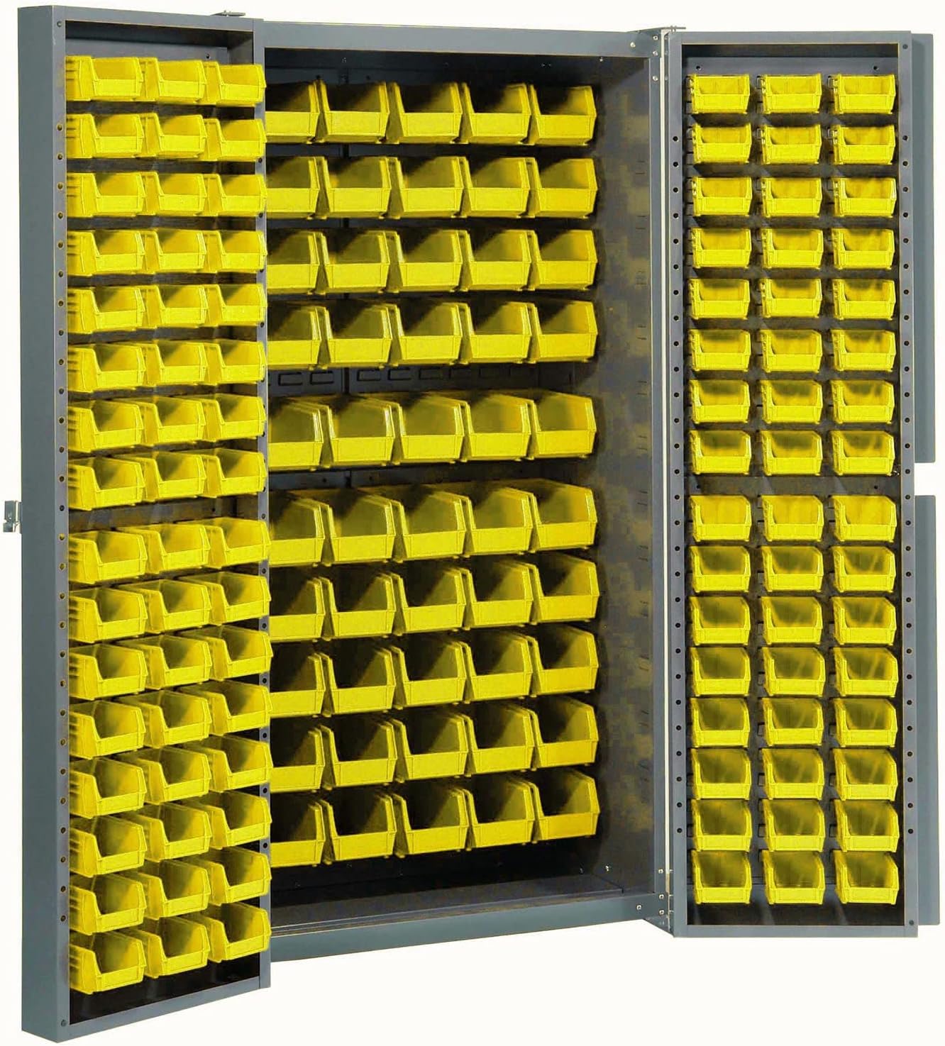 Global Industrial Deep Door Bin Cabinet, Includes 156 Yellow Plastic Bins, Padlockable Steel Cabinet, 38" W x 24" D x 72" H, For Tool and Parts Storage, Assembly Required