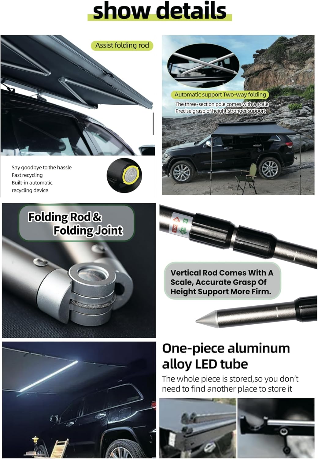 Car Side Awning, 6.56 x 8.53 ft(2x2.6m) Aluminum Retractable Tent with LED Light, Waterproof Vehicle Shade for SUV Truck RV
