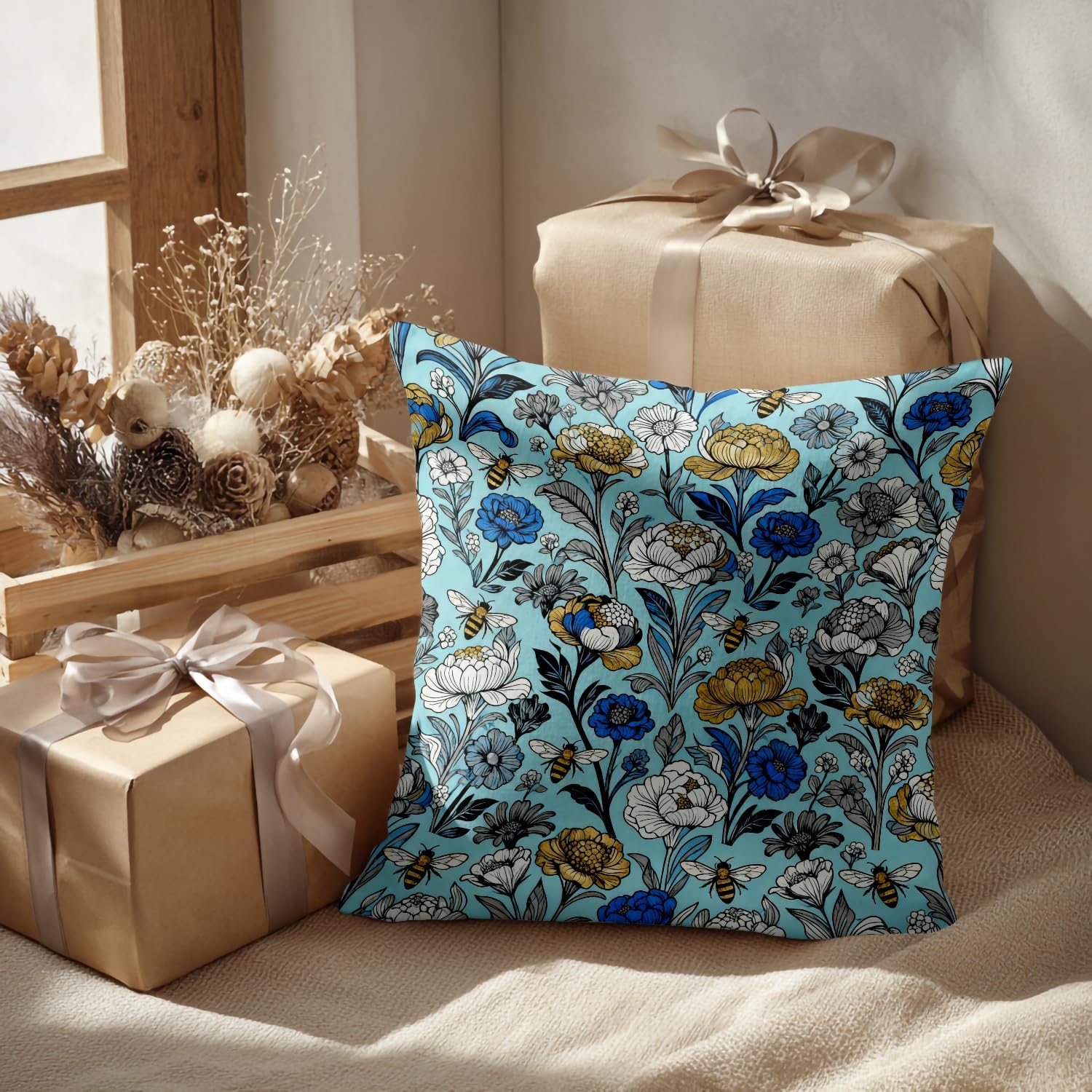 Batmerry Summer Floral Pillowcases, Summerflowers On Blue Decorative Bed Pillowcases Digital Printing Blended Fabric Bedroom Set Hidden Zipper On Short Side 20X26 in