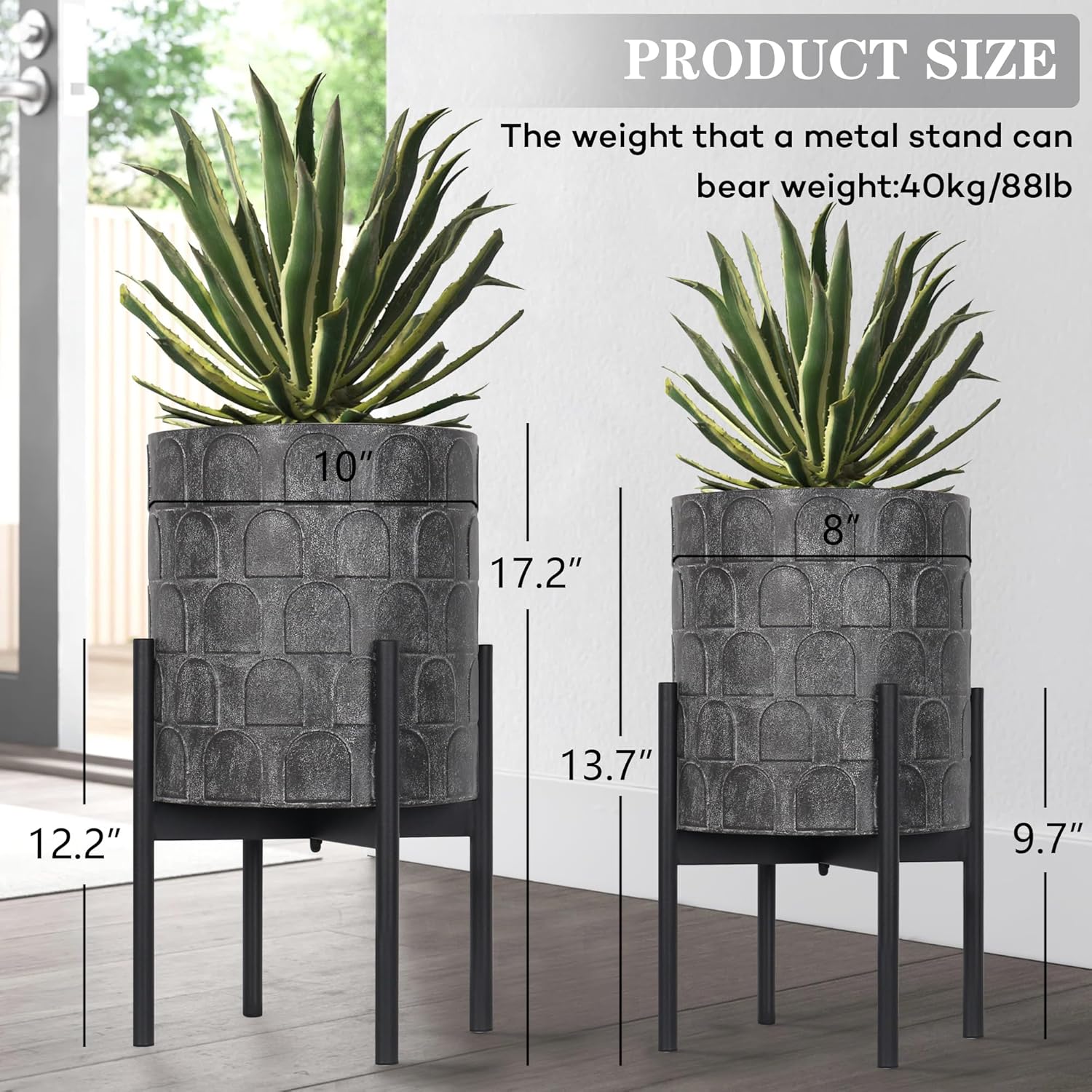 Oakrain Planters for Indoor Plants, Set of 2 Modern Planter with Stand, Decorative Metal Planter Pots for Living Room, Office, Garden, Balcony, 8"&10", Rustic Gray
