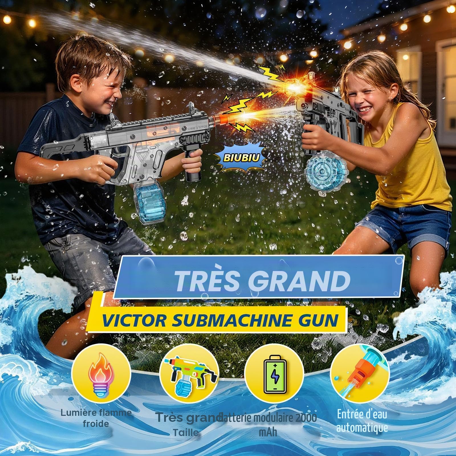 JONRRYIN Pistolet à Eau Électrique Rechargeable, Jet Puissant 8–10 m, Réservoir 600 ML, Double Remplissage Auto & Manuel, Embout Lumineux Amovible, Jouet d’Été pour Piscine, Plage, Jardin (Noir)