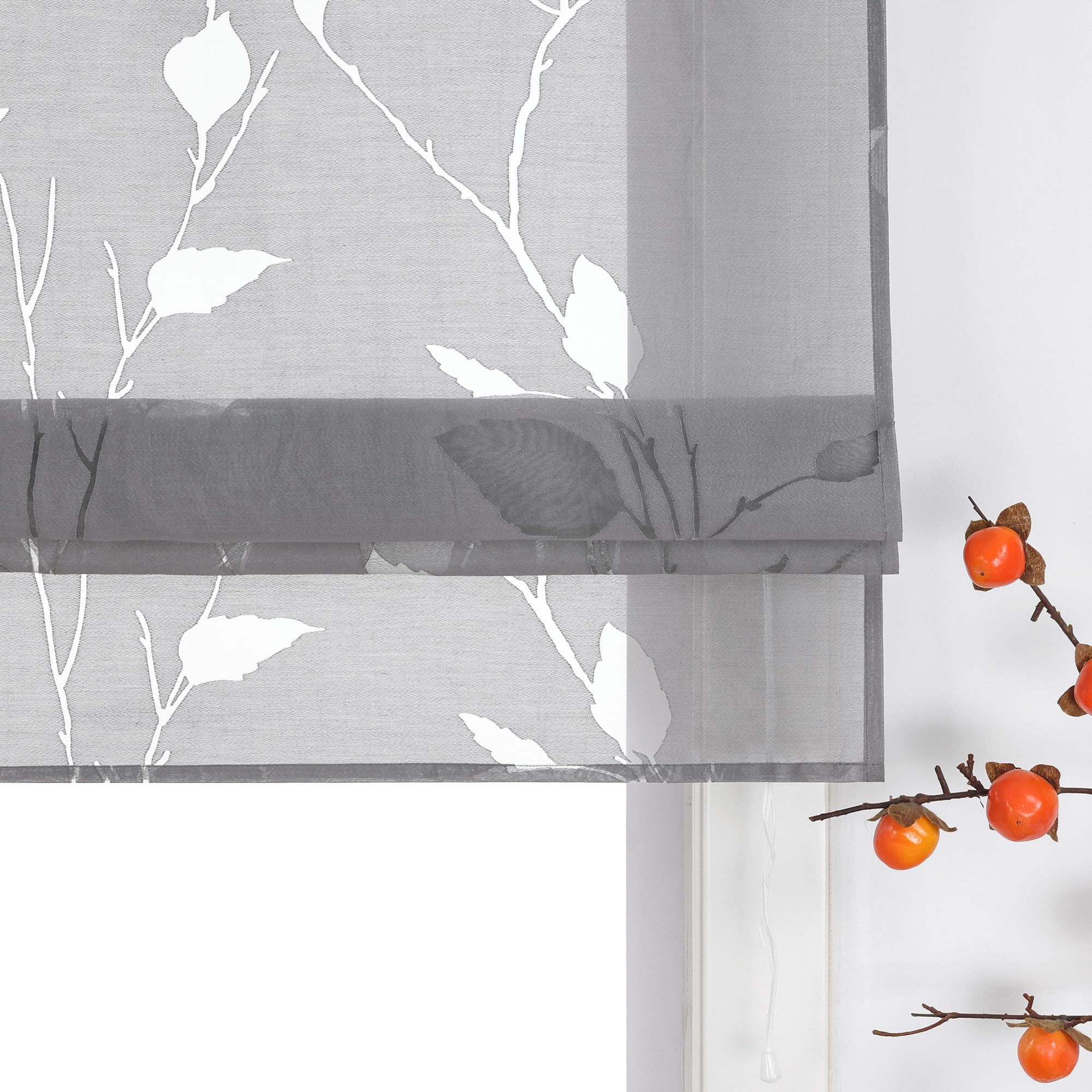 Heichkell Raffrollo Wohnzimmer Transparent Rollo mit Schiene Ausbrenner Raffgardine mit Blätter Grau BxH 140x140 cm