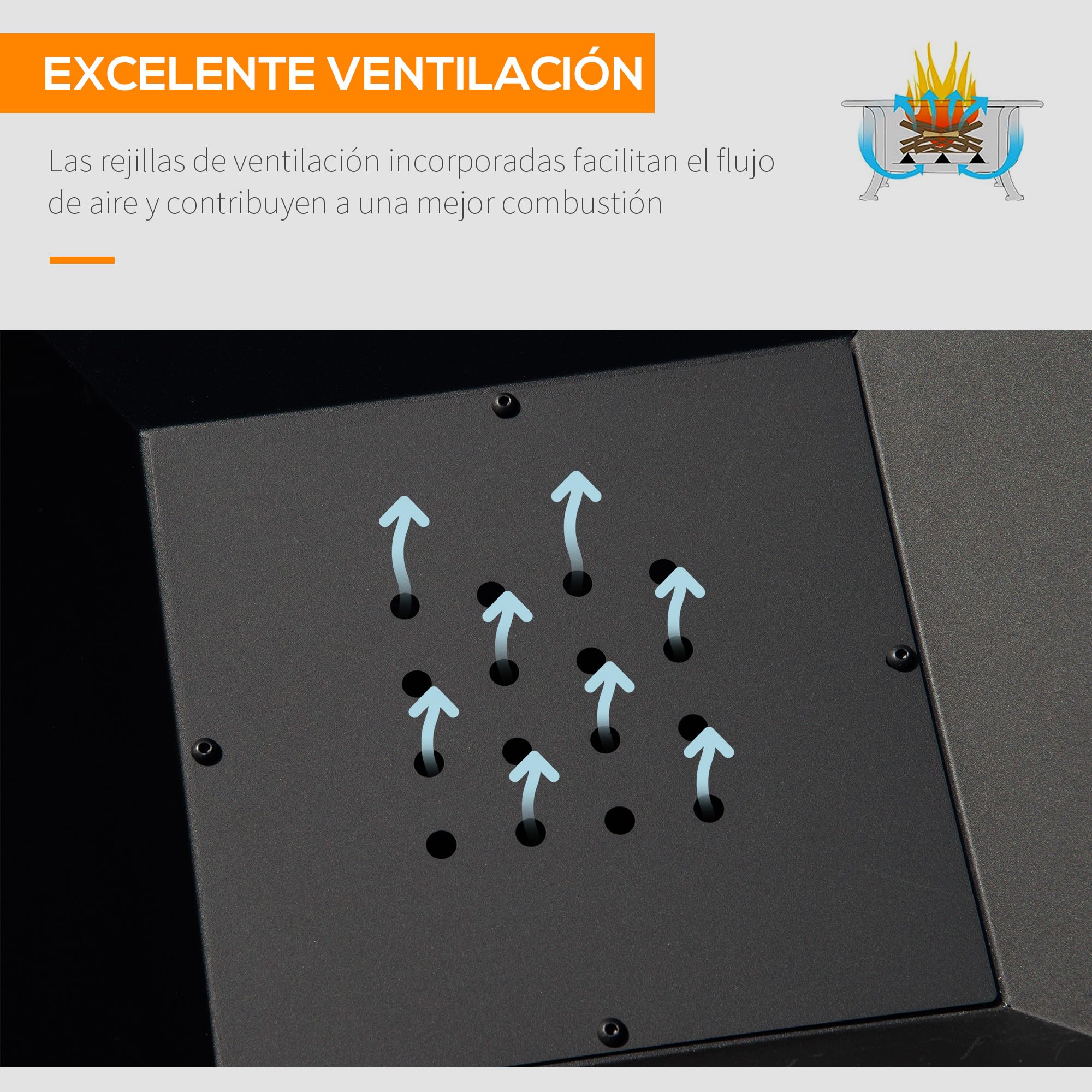 Outsunny Brasero Exterior de Acero Pozo de Fuego para Jardín Multifuncional con Protector de Chispas y Atizador para Barbacoa Hogueras en Terraza Camping 45x45x34 cm Negro