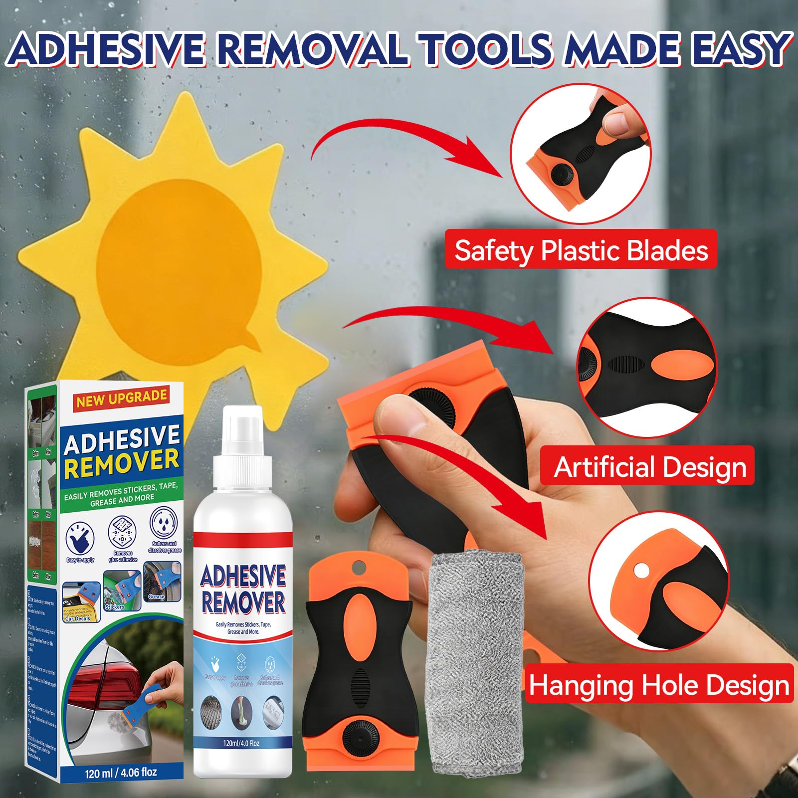 Adhesive Remover Spray, Sticker Remover Cleaning Multi-Surface Residue, GlueRemover for Tap, Decals, Glue, Chewing Gum, from Car, Windows, Glass, Plastic, LabelRemover with Scraper and Towel — view 7