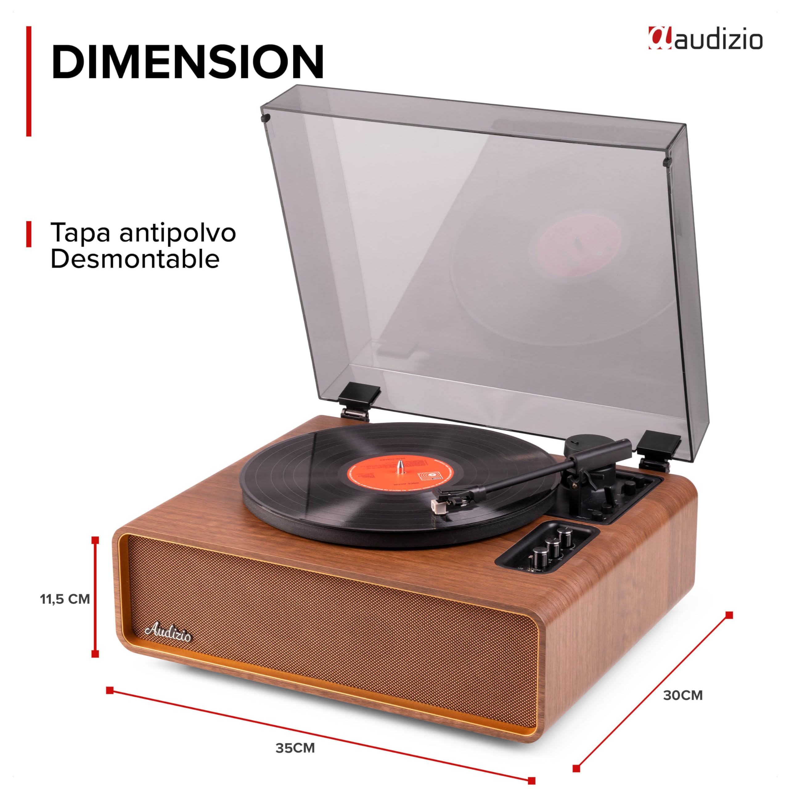 Audizio Laredo – Tocadiscos de Vinilo Bluetooth con Altavoces HiFi 160W, cápsula Audio Technica, Gira Discos con Plato de 29 cm, giradiscos Vinilo con RCA y BT in/out, Acabado en Madera