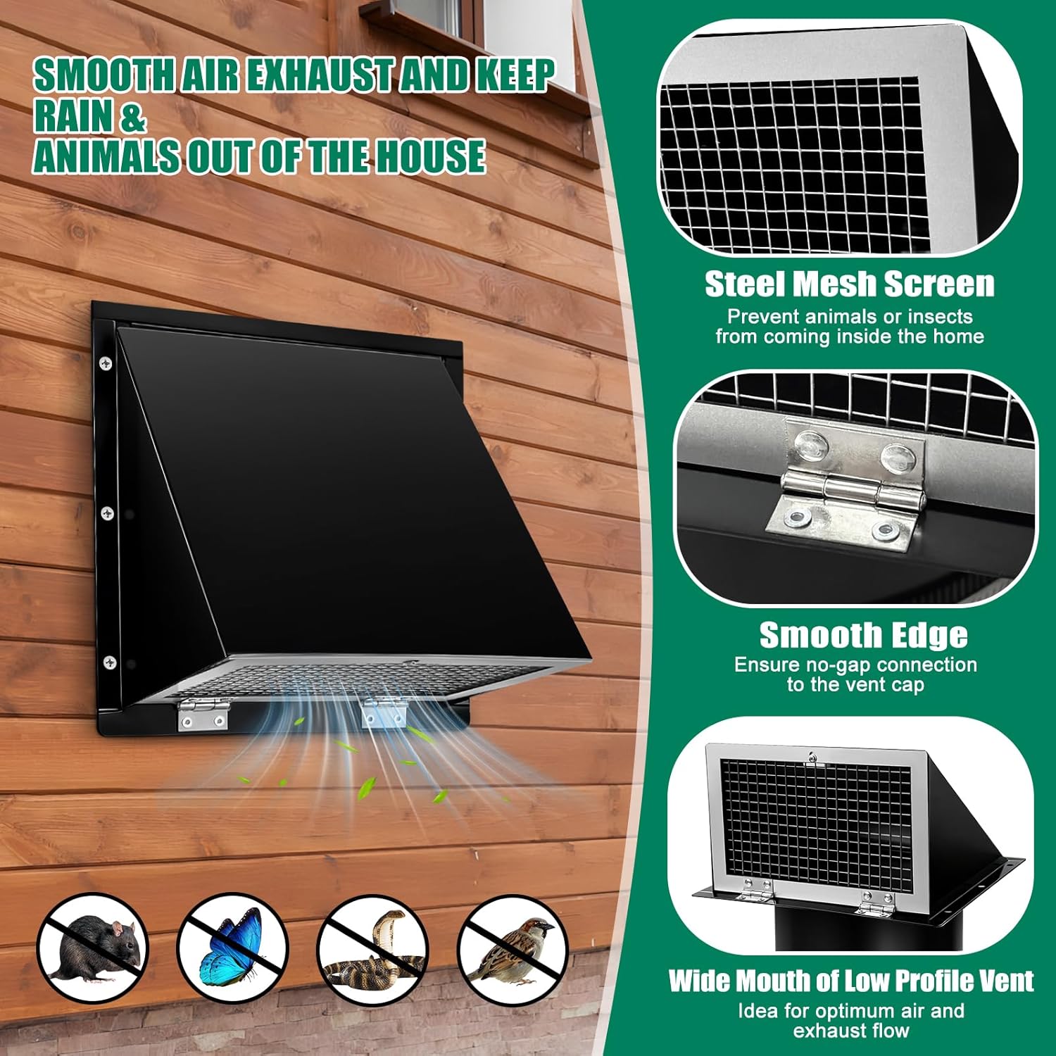 6 Inch Hooded Wall Vent Cover with Screen and Damper Galvanized Steel Exhaust Vent for Kitchen Range Hood HVAC Dryer, Black