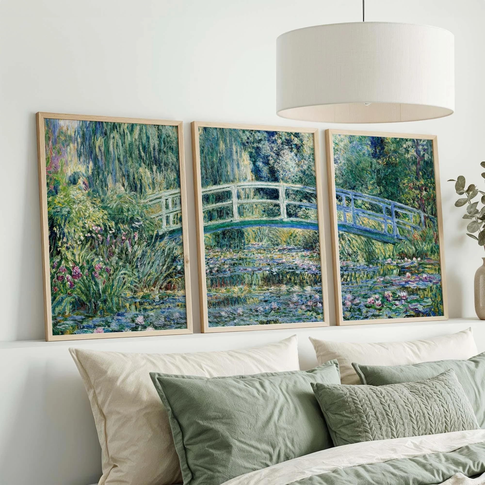 Tríptico de nenúfares de Monet, puente japonés, lámina decorativa para pared, póster en lienzo, decoración para el hogar, dormitorio y sala de estar (70x100cmx3/marco interno)