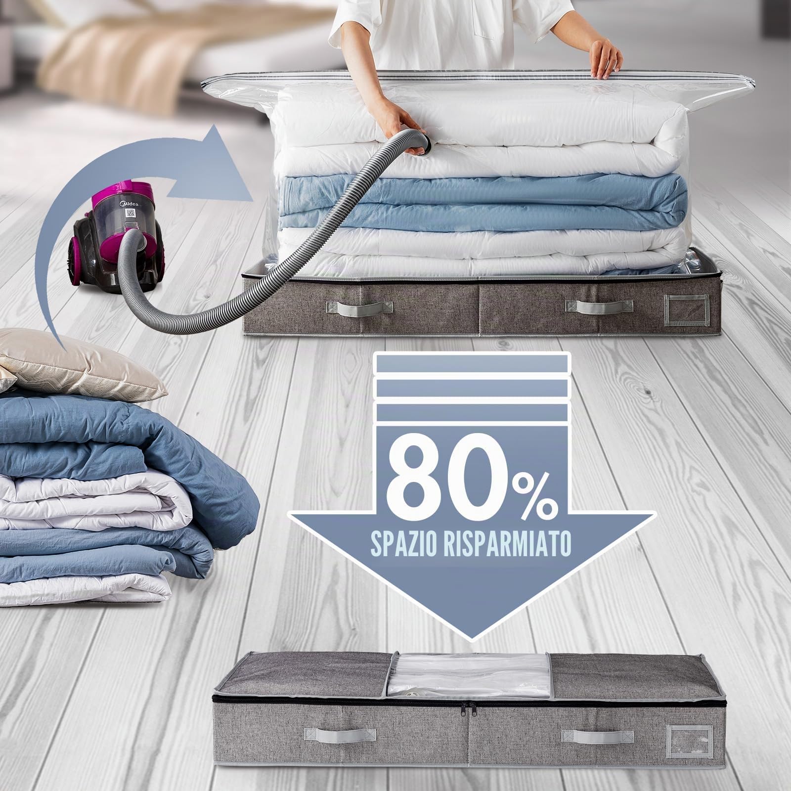 TAILI Sacchetti Sottovuoto Salvaspazio 2 in 1, 105x43x15 cm | Per Piumini, Vestiti, Biancheria da Letto, Pieghevoli, per Risparmiare l'80% di Spazio in Più