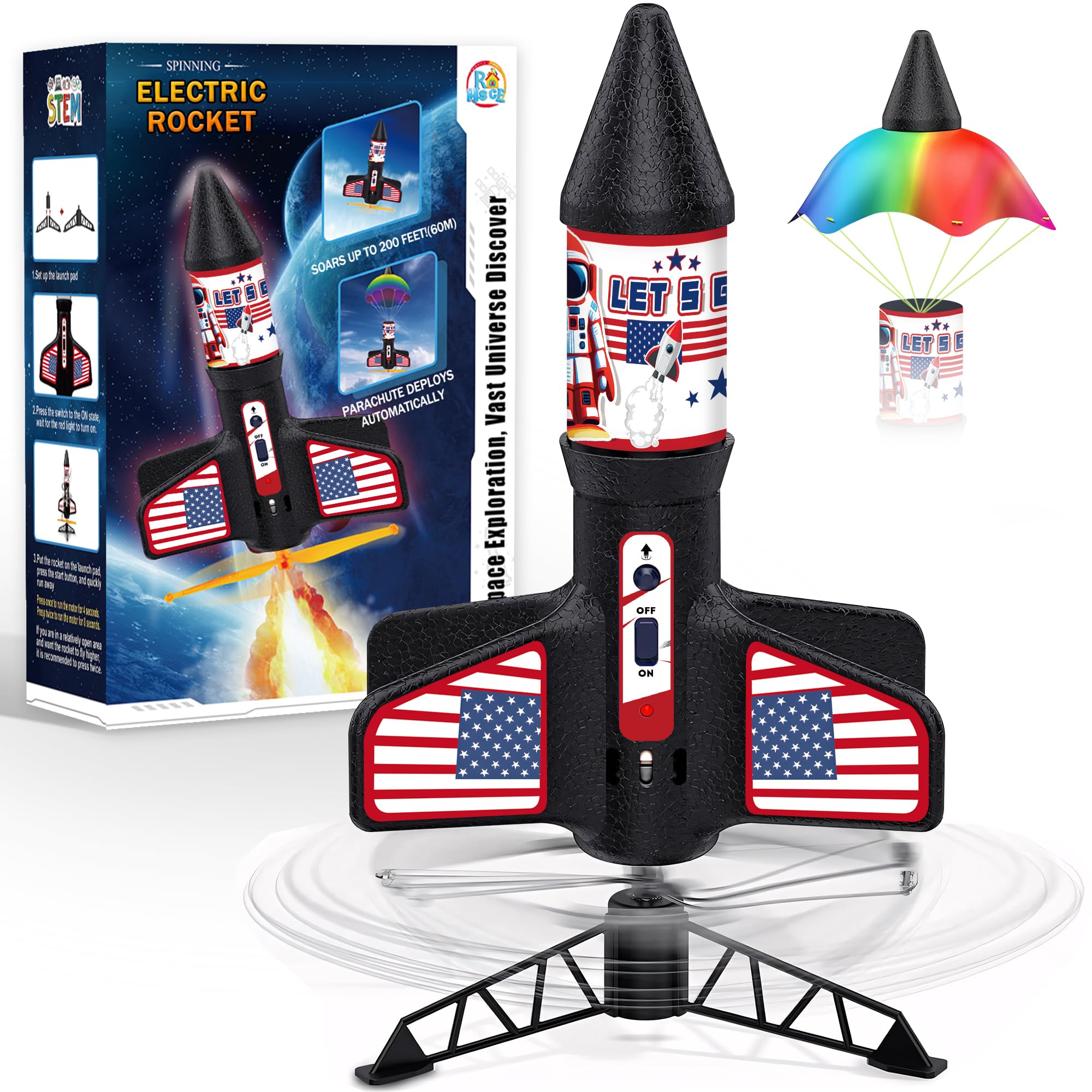 Electric Rocket Launcher For Kids - Flying Model Rocket With Parachute Launches Up To 200 Ft, Outdoor STEM Toy Ages 8-12