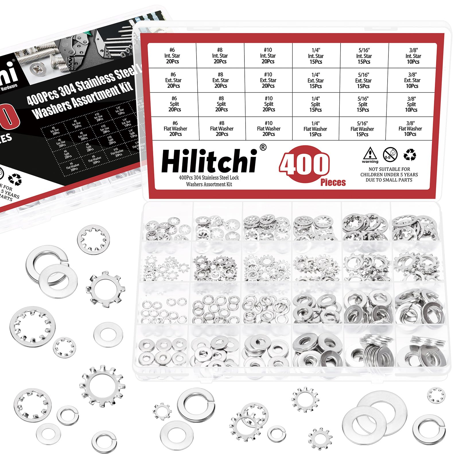 Hilitchi Set di 400 rondelle di bloccaggio dentellate interne in acciaio inox 304 britannico 304, rondelle di bloccaggio a velocità rapida per viti e bulloni (#6#8#10 1/4" 5/16" 3/8")