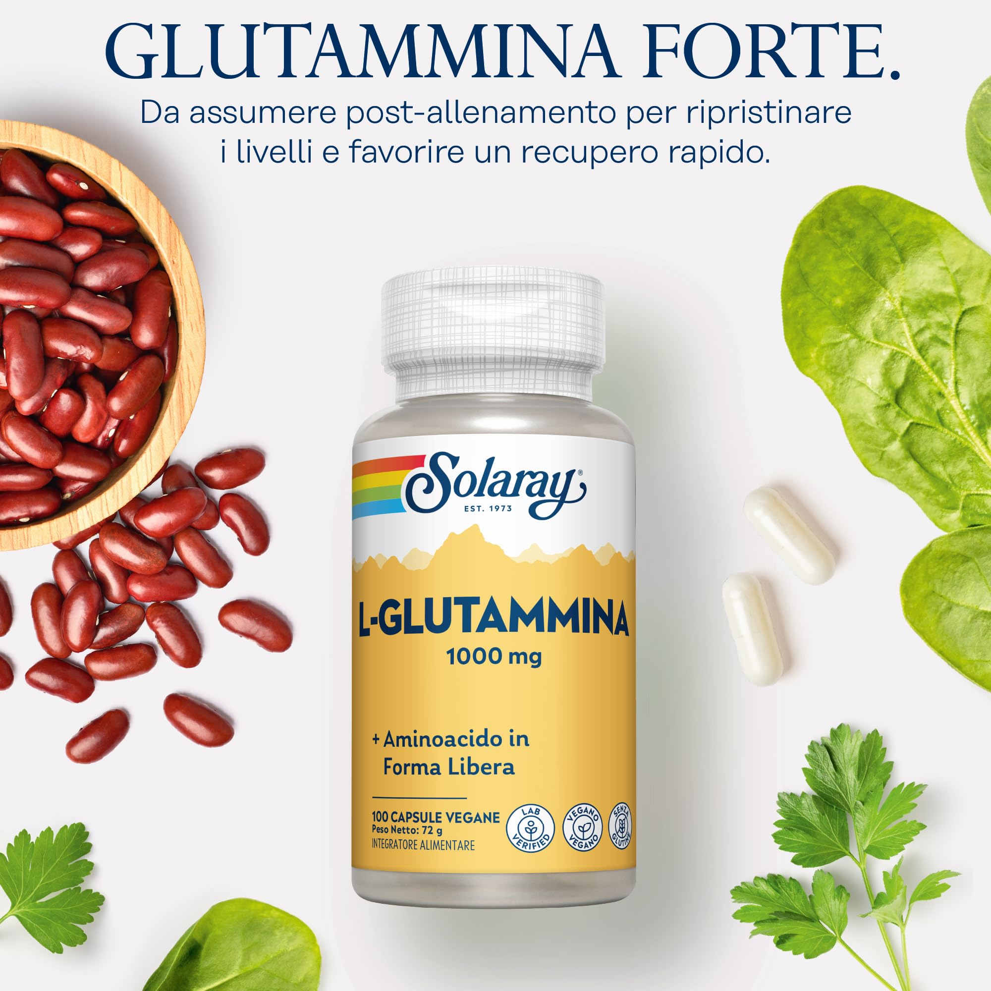 Solaray Glutammina 1000mg - 100 Capsule Vegane - 500mg di L-Glutammina per Capsula - Aminoacido di Alta Qualità - Integratore Pre Allenamento - Testata in Laboratorio