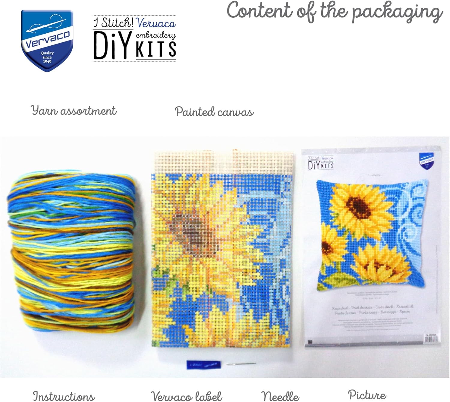 Vervaco Cross Stitch Cushion Kit Sunflowers On Blue 16" x 16"