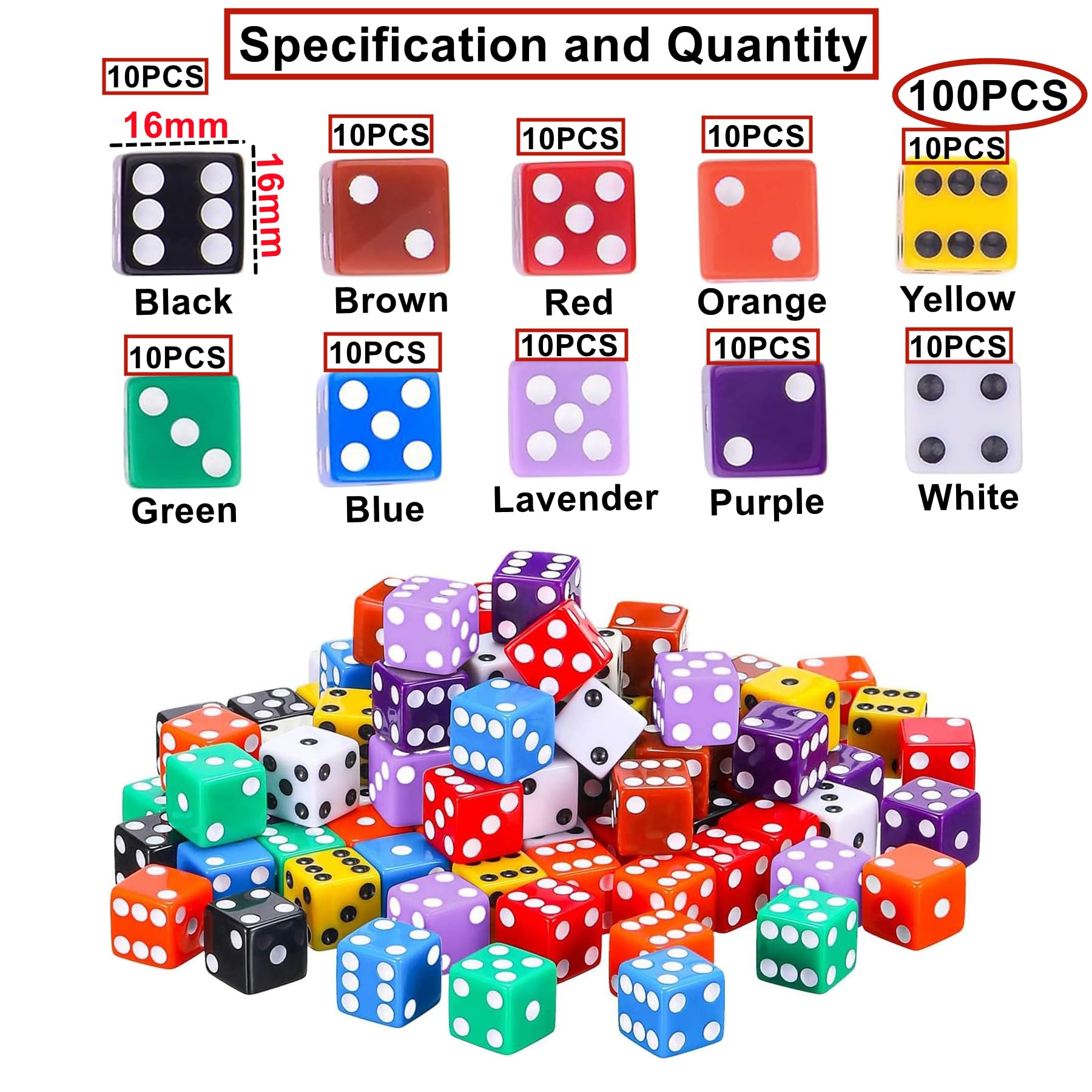 HUAZIZ Set di 100 dadi colorati a 6 facce Dice Game D6 dadi 16 mm per Giochi da Tavolo, Giochi per Set a più Lati