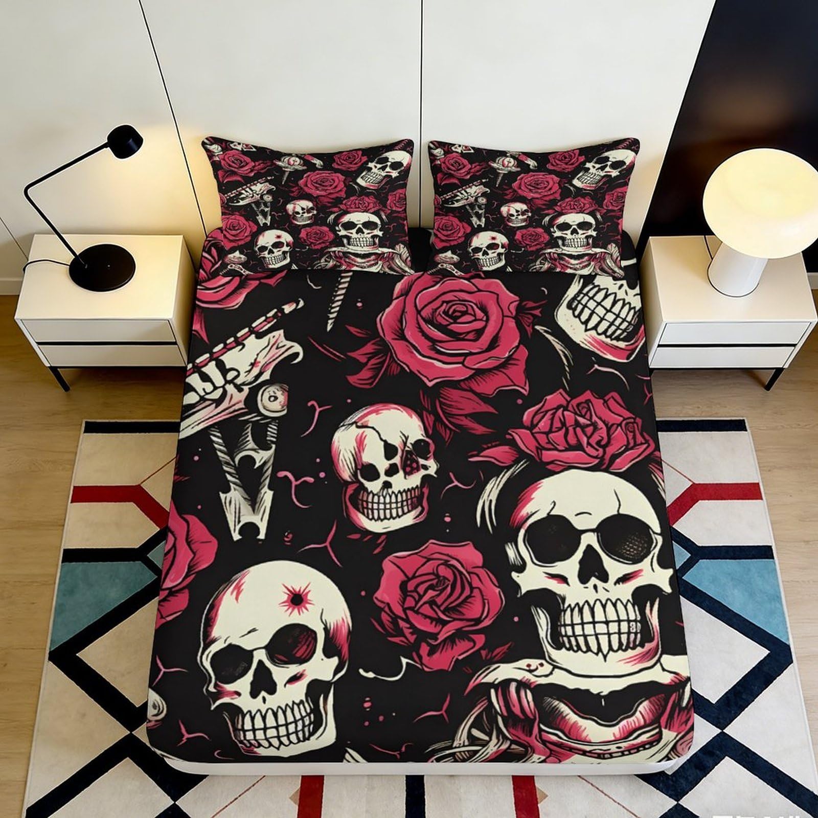 3D Printed Rose Skull Fitted Sheet Microfiber Deep Pocket Non-Slip Bedroom Adult Teen Mattress Fitted Cover Washable Full Wrap 140x200x25cm
