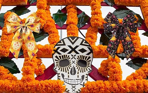 Miniatura 3 de Hying 2 rollos de cintas mexicanas de los días de los muertos para lazos de corona, cintas mexicanas con borde con alambre, cinta de arpillera