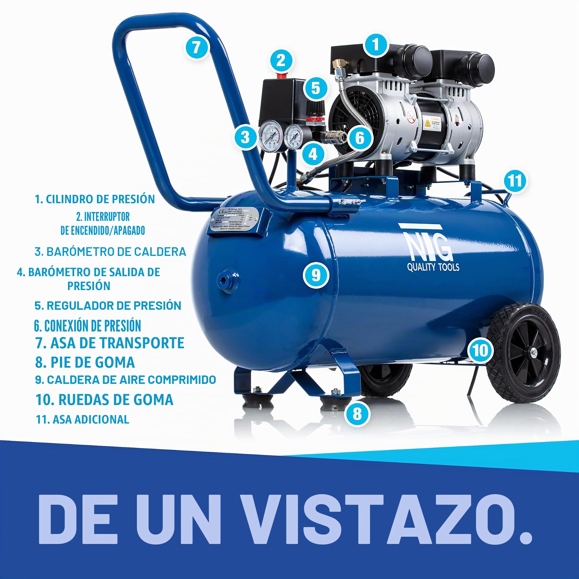NTG Compresor silencioso de 9 bar, depósito de 50 L, 1470 W, fuerte potencia, sin aceite, especialmente silencioso y flexible, con manómetro y regulador de presión, depósito de 50 L (depósito de 50 | Con manómetro y regulador de presión – Uso flexible en