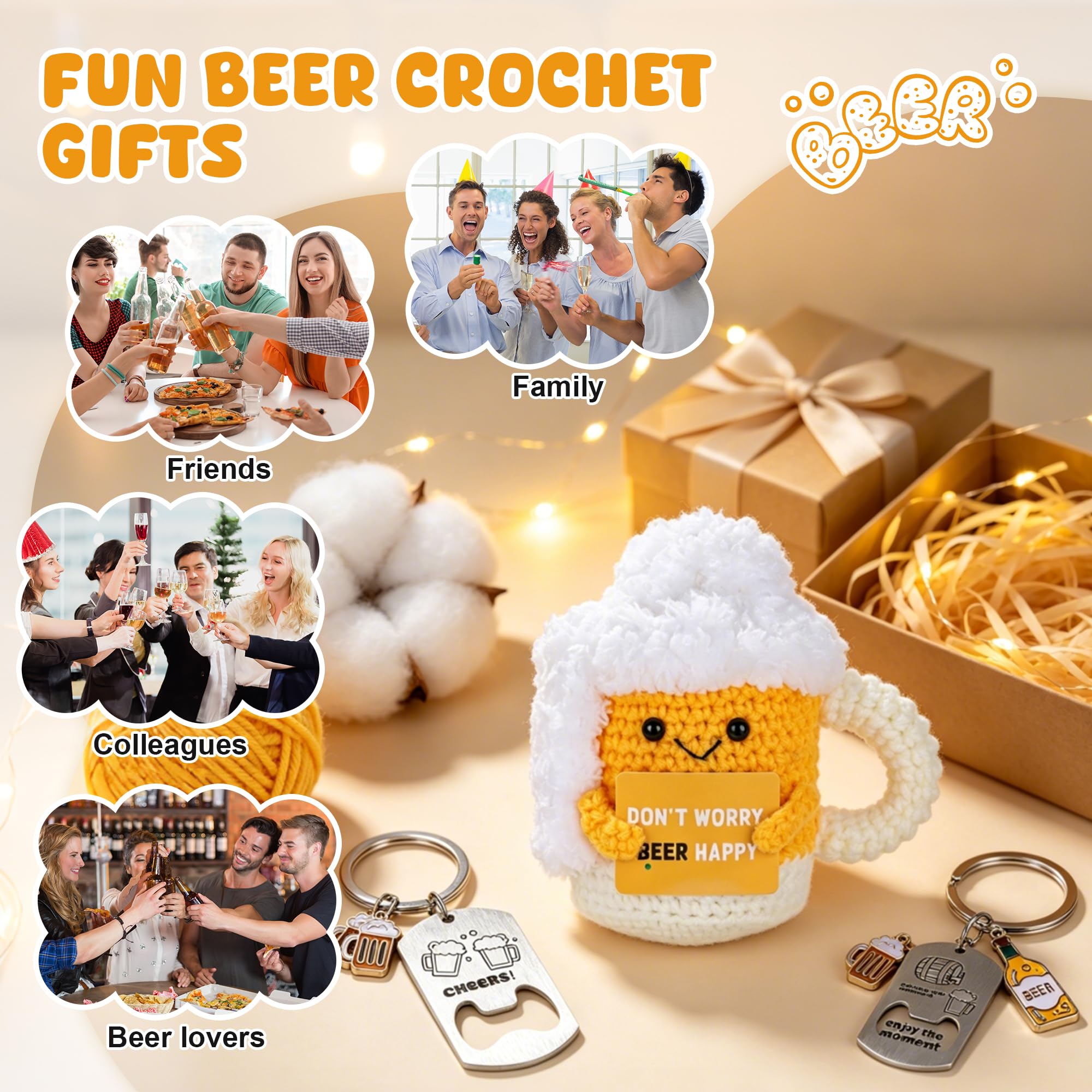 Regalo Cerveza Positiva Divertida, Muñecos de Ganchillo Jarra Cerveza con Tarjeta Positiva y 2 Llaveros Abrebotellas, Regalo Creativo Ganchillo para Amantes Cerveza, Familia, Amigos