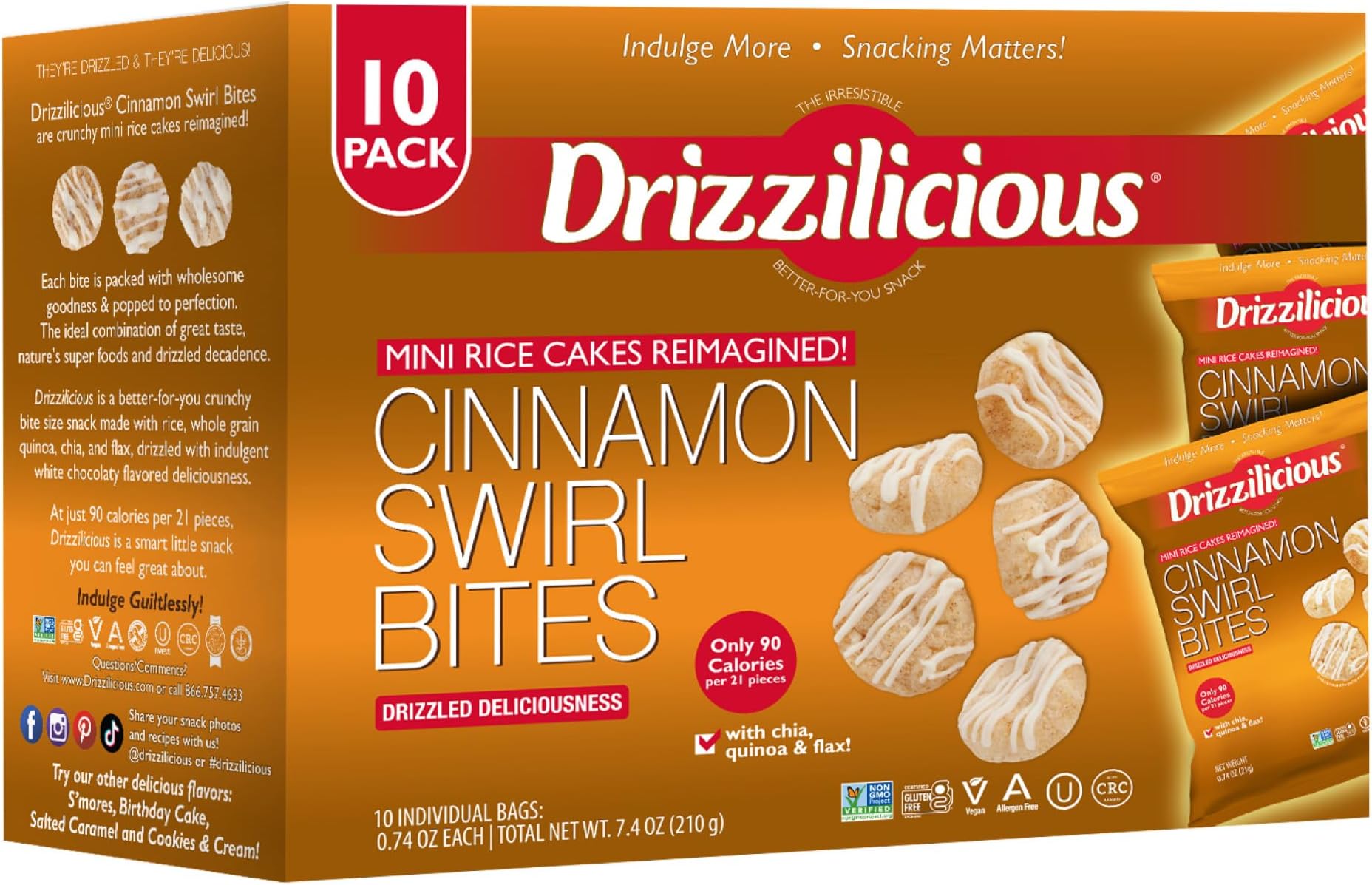Mini Rice Cakes Cinnamon Swirl - Rice Crisps, Healthy Snack for Adults and Kids, Flavored Rice Cakes, Vegan, Gluten Free, Allergen Free, Only 90 Calories Per Bag - 0.74 oz (Pack of 10)