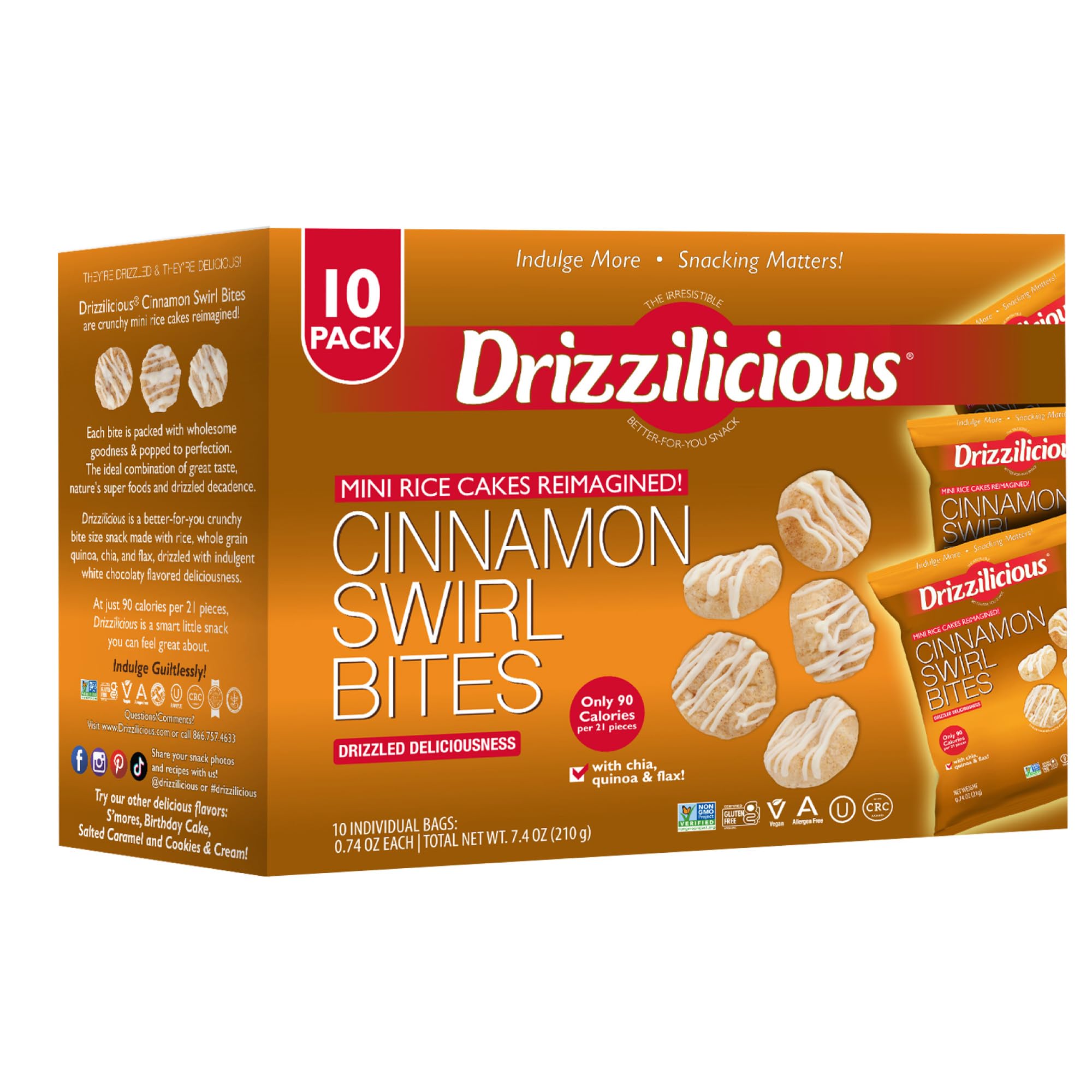 DrizziliciousMini Rice Cakes Cinnamon Swirl - Rice Crisps, Healthy Snack for Adults and Kids, Flavored Rice Cakes, Vegan, Gluten Free, Allergen Free, Only 90 Calories Per Bag - 0.74 oz (Pack of 10)
