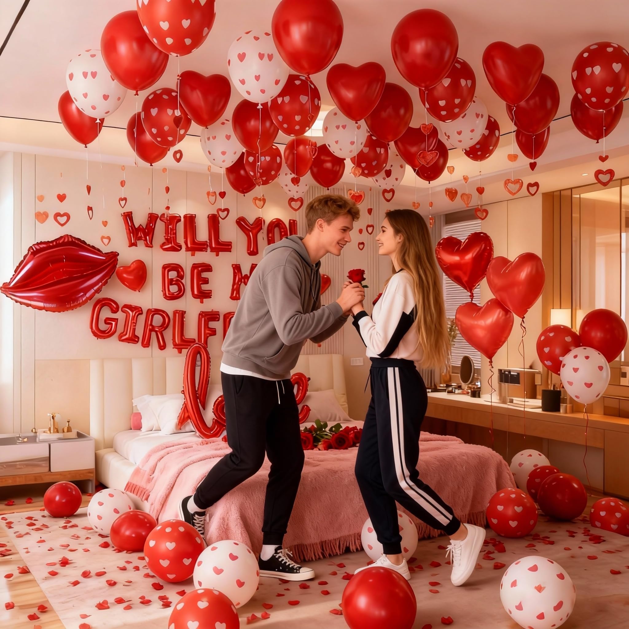 'Will You Be My Girlfriend' balon znak, 'Be My Girlfriend' propozycja, czerwony płatek róży, czerwone balony w kształcie serca, dekoracje walentynkowe