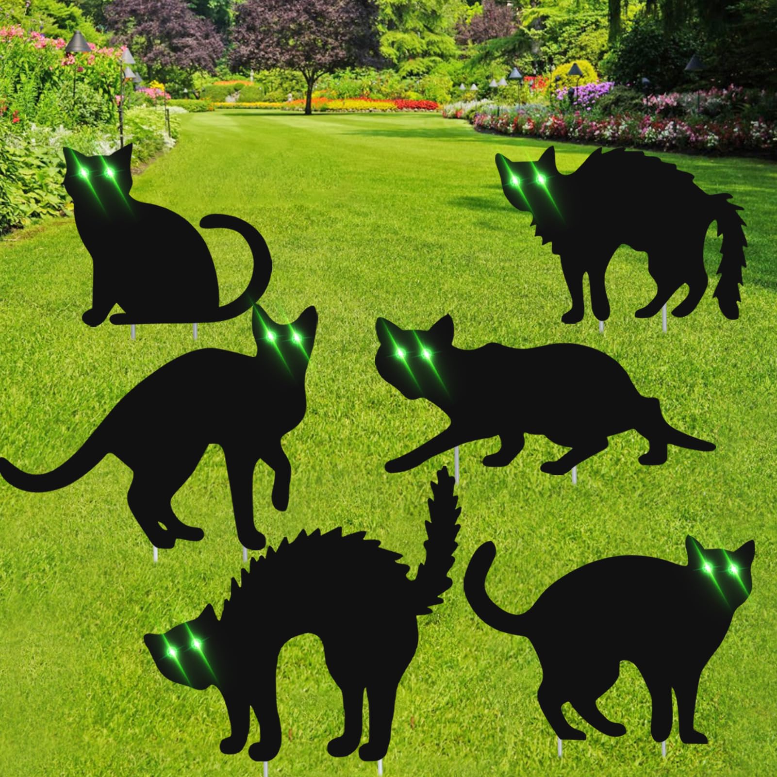 LED Glowing Eyes Black Cat Halloween Yard Signs - 6pcs Scary Silhouette LED Lights Eyes Cat Decorations for Lawn & Patio